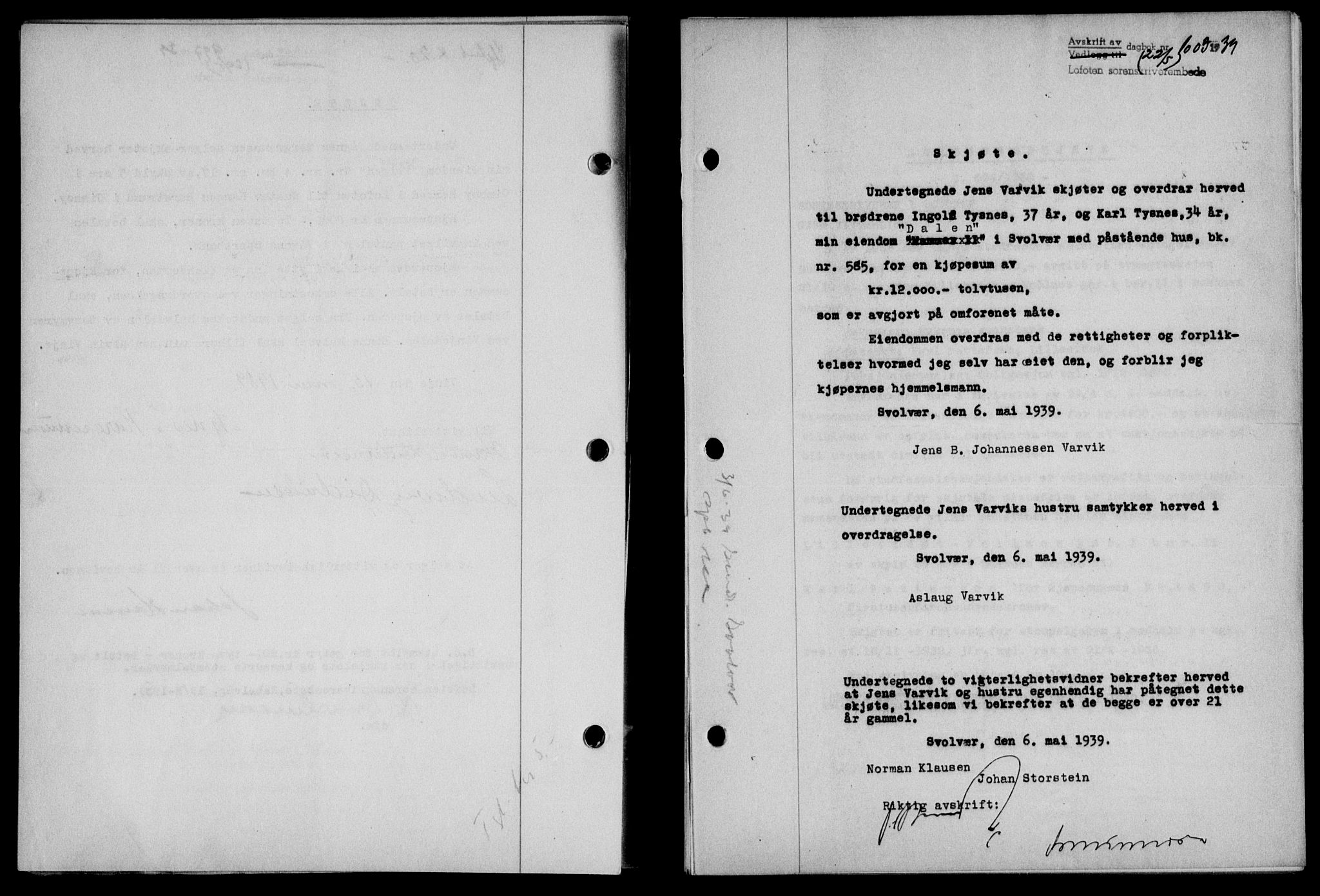 Lofoten sorenskriveri, SAT/A-0017/1/2/2C/L0005a: Mortgage book no. 5a, 1939-1939, Diary no: : 1003/1939