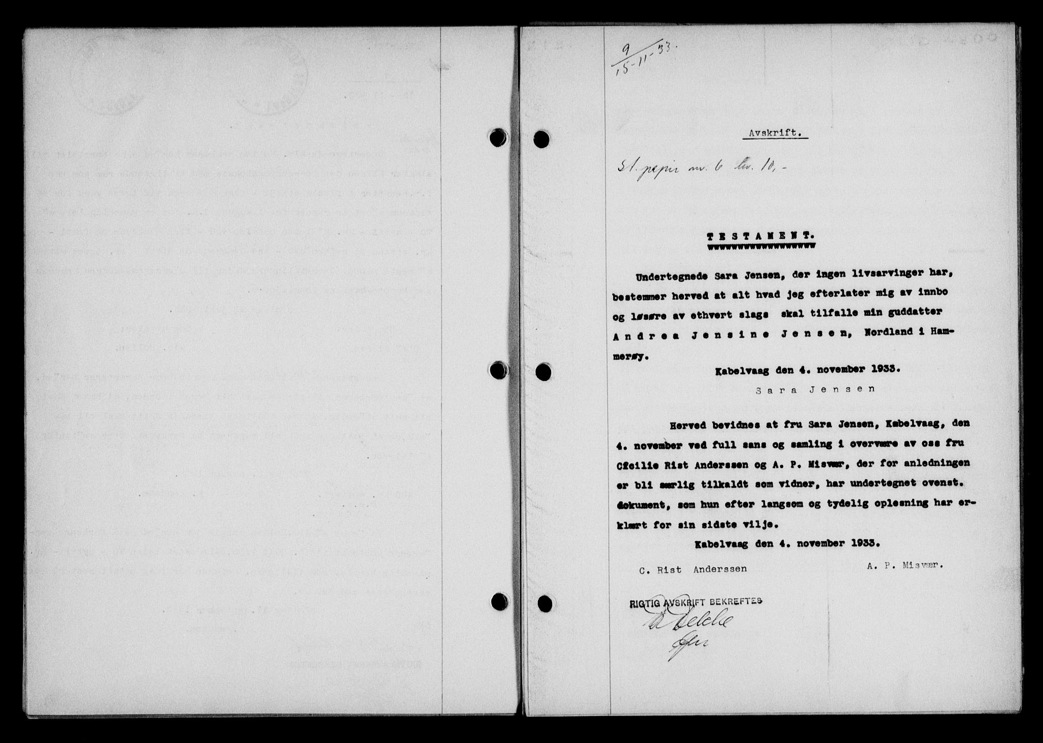 Lofoten sorenskriveri, SAT/A-0017/1/2/2C/L0028b: Mortgage book no. 28b, 1933-1933, Deed date: 15.11.1933