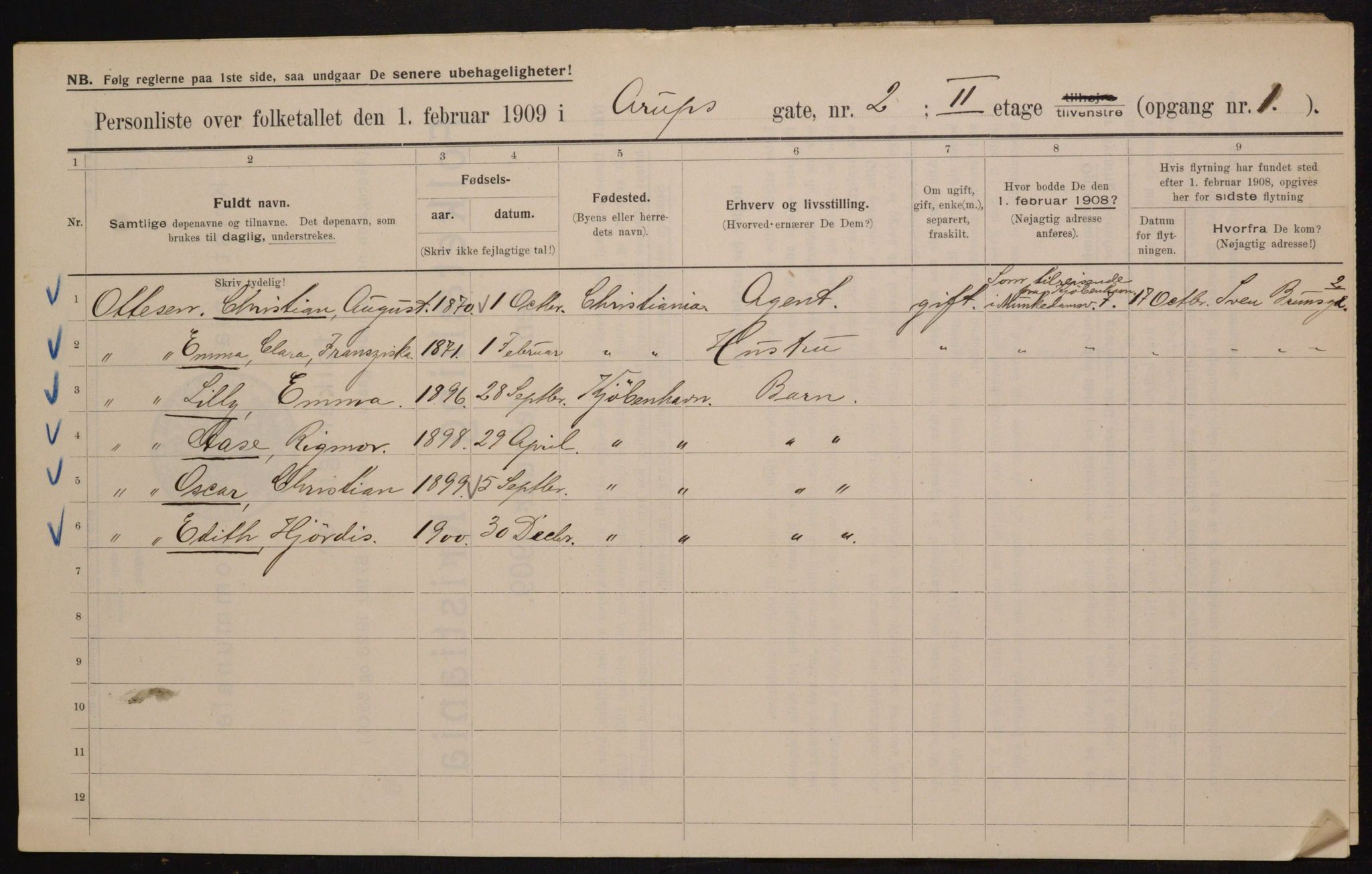 OBA, Municipal Census 1909 for Kristiania, 1909, p. 2046