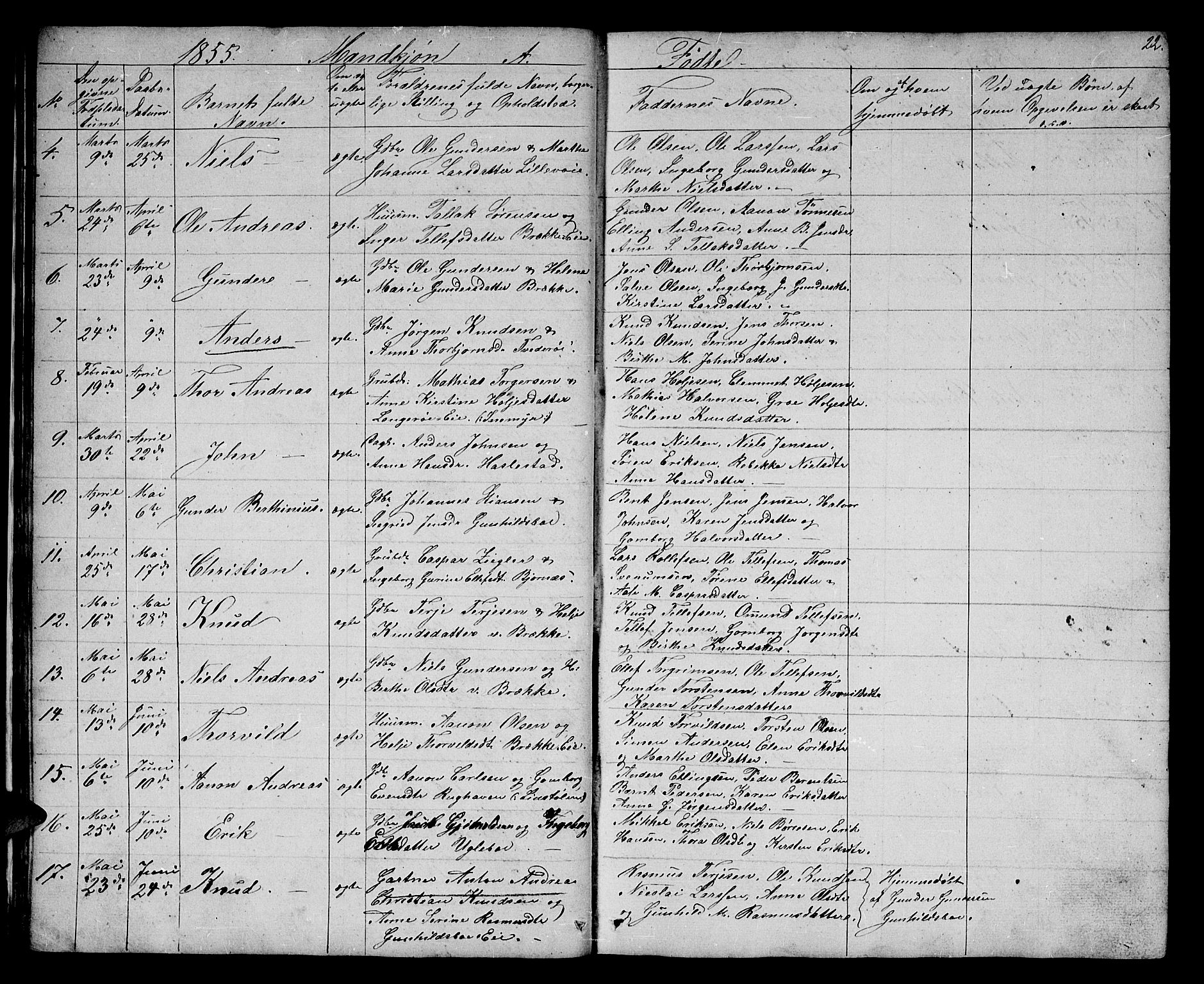 Austre Moland sokneprestkontor, SAK/1111-0001/F/Fb/Fba/L0001: Parish register (copy) no. B 1, 1842-1868, p. 22