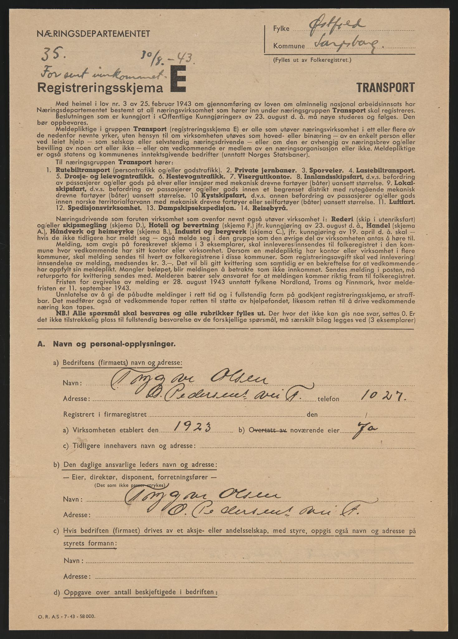Sarpsborg folkeregister, SAO/A-10231/O/Ob/L0003: Utfylte registreringsskjemaer, 1943