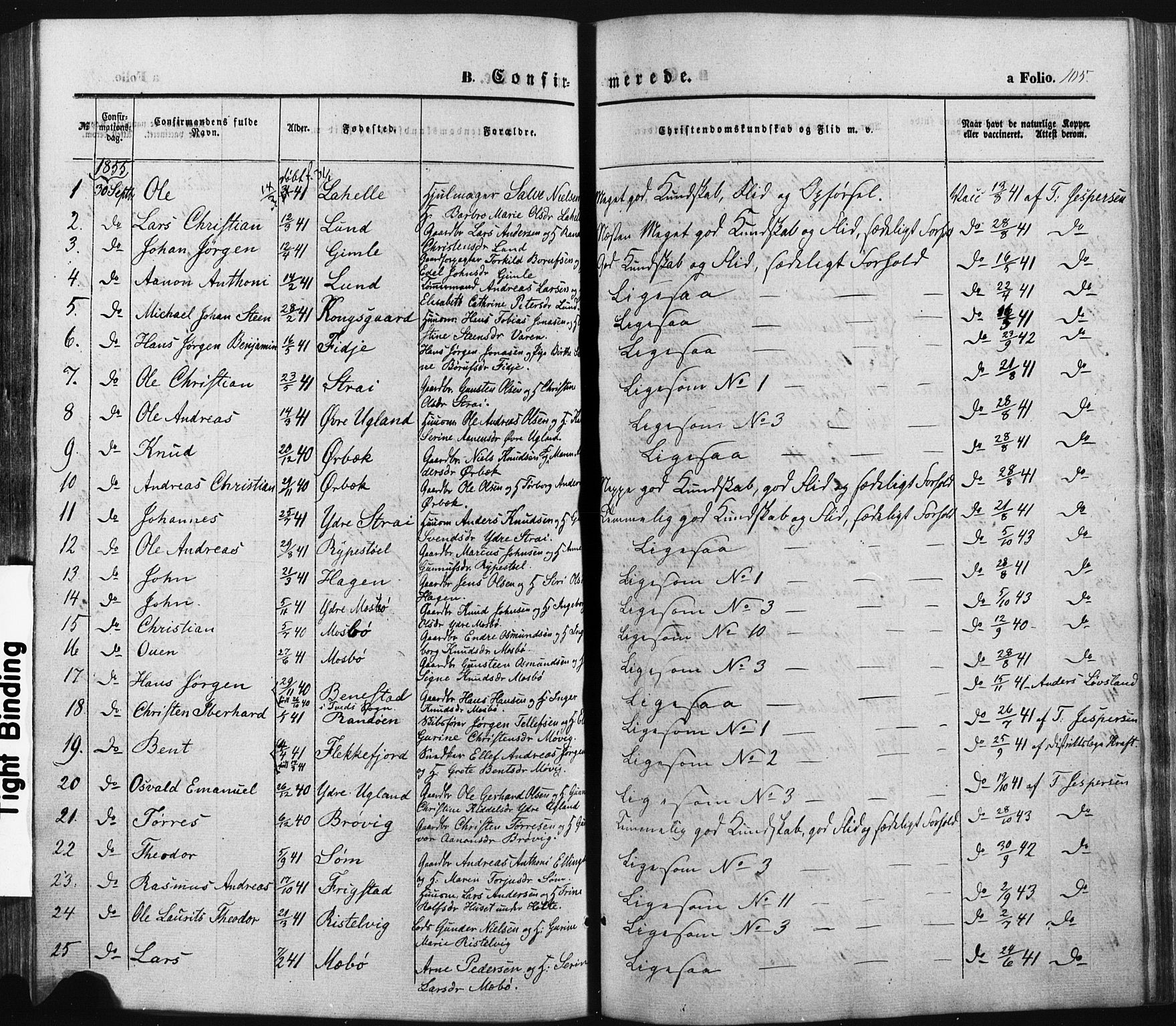 Oddernes sokneprestkontor, SAK/1111-0033/F/Fa/Faa/L0007: Parish register (official) no. A 7, 1851-1863, p. 105