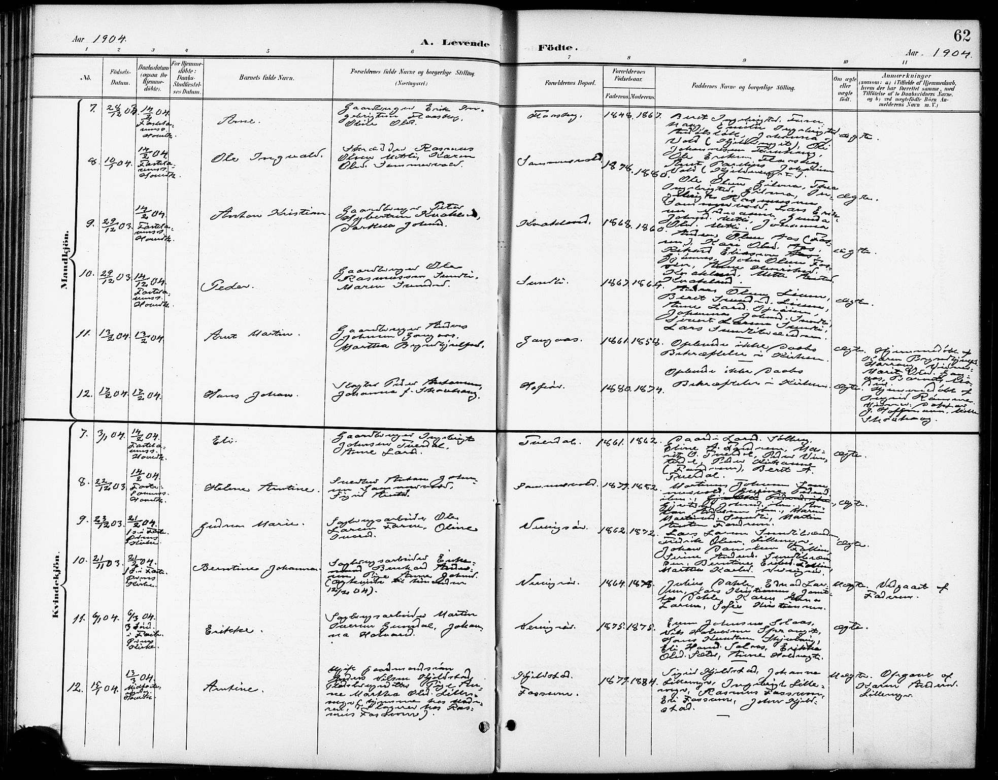 Ministerialprotokoller, klokkerbøker og fødselsregistre - Sør-Trøndelag, SAT/A-1456/668/L0819: Parish register (copy) no. 668C08, 1899-1912, p. 62