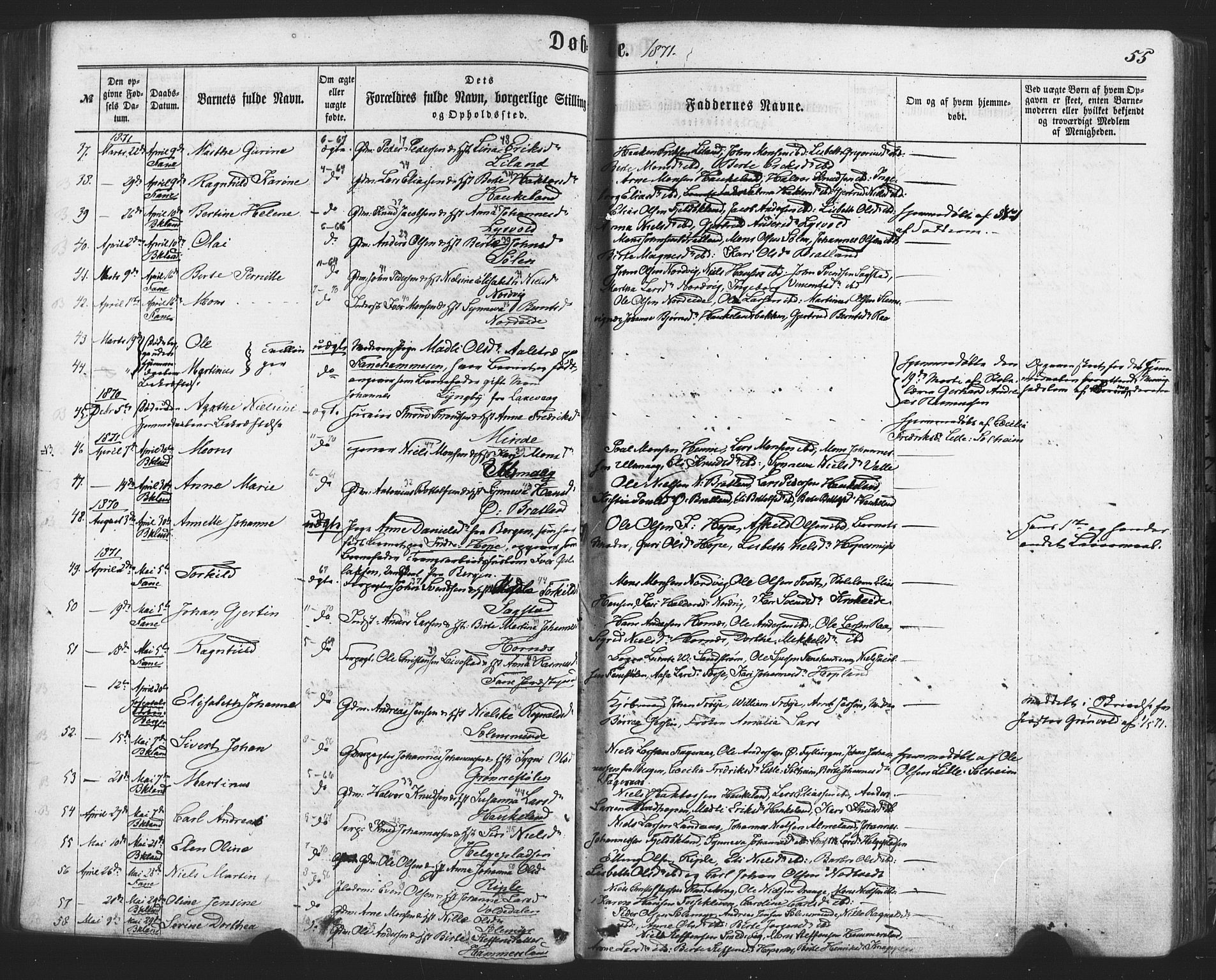 Fana Sokneprestembete, SAB/A-75101/H/Haa/Haaa/L0012: Parish register (official) no. A 12, 1862-1878, p. 55