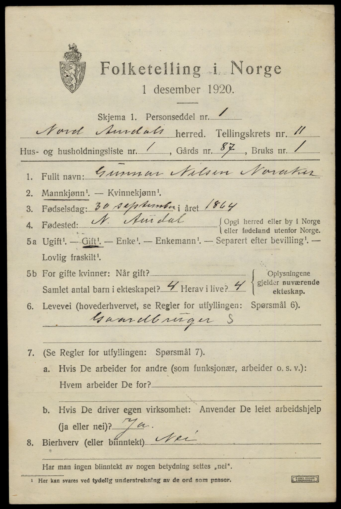 SAH, 1920 census for Nord-Aurdal, 1920, p. 8370