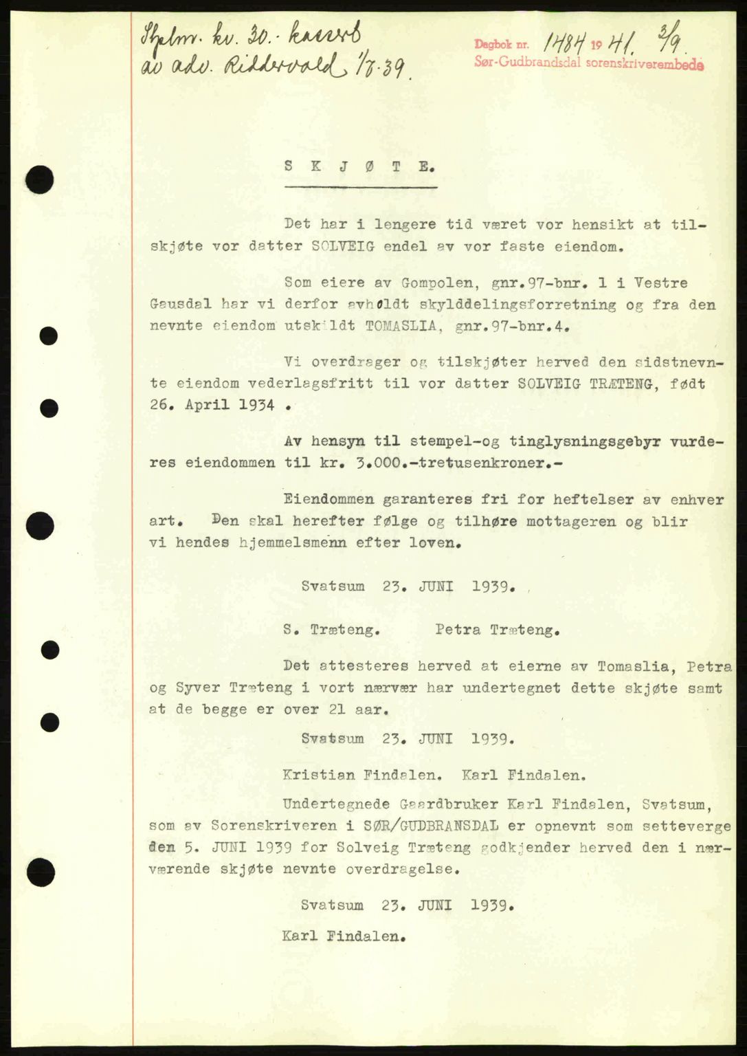 Sør-Gudbrandsdal tingrett, SAH/TING-004/H/Hb/Hbd/L0009: Mortgage book no. A9, 1941-1941, Diary no: : 1484/1941