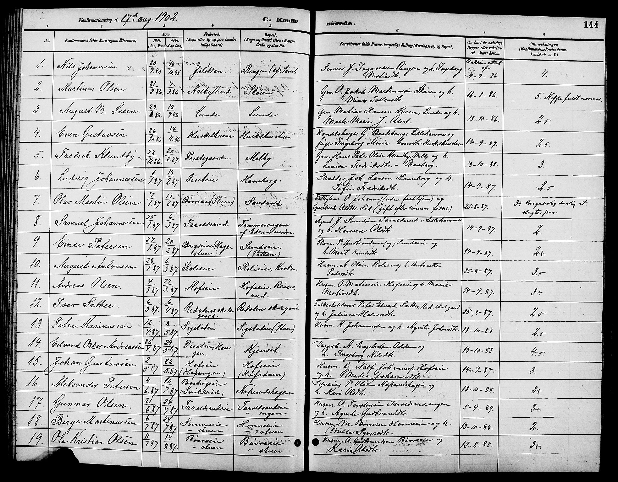 Biri prestekontor, SAH/PREST-096/H/Ha/Hab/L0004: Parish register (copy) no. 4, 1892-1909, p. 144
