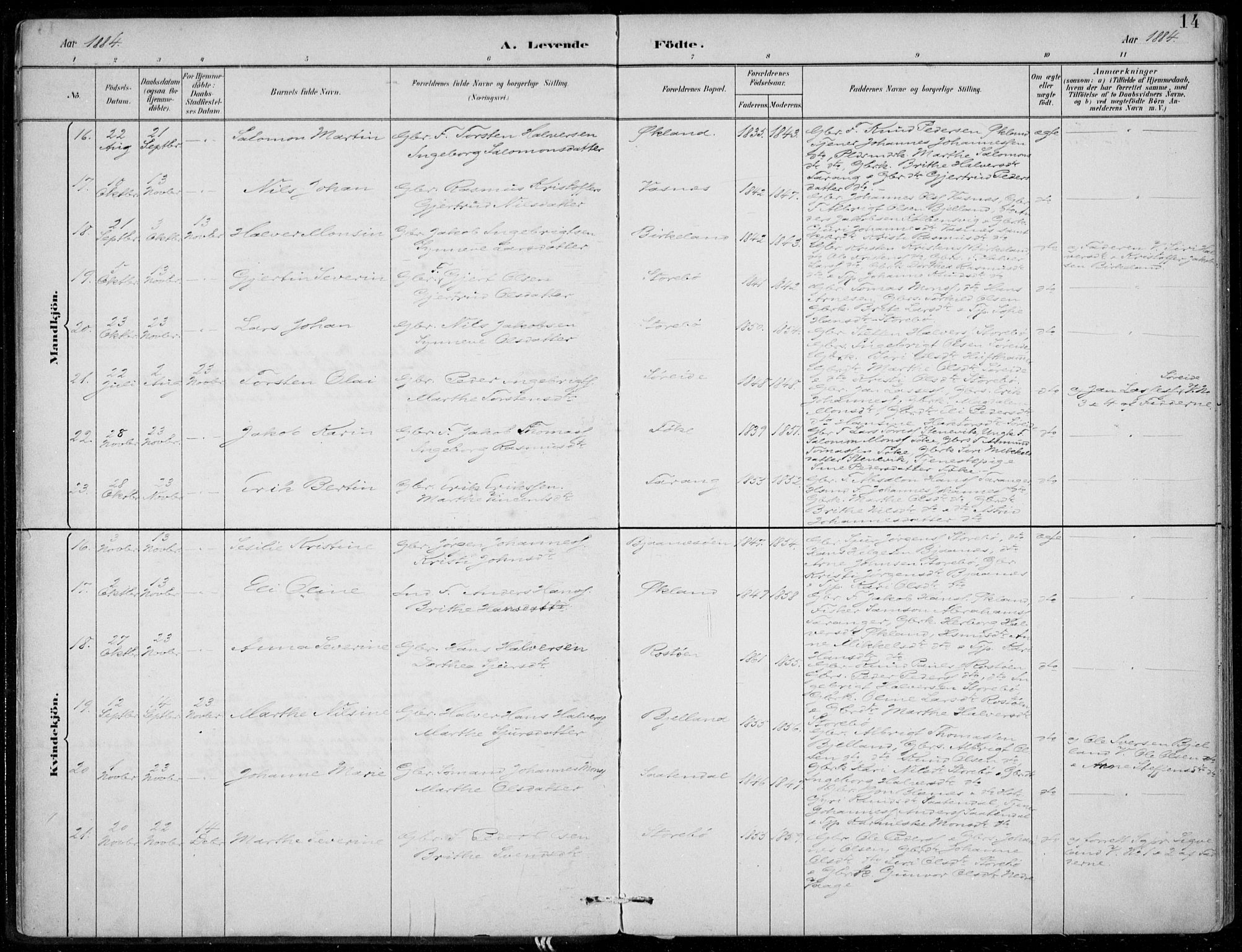 Sund sokneprestembete, SAB/A-99930: Parish register (official) no. C  1, 1882-1899, p. 14