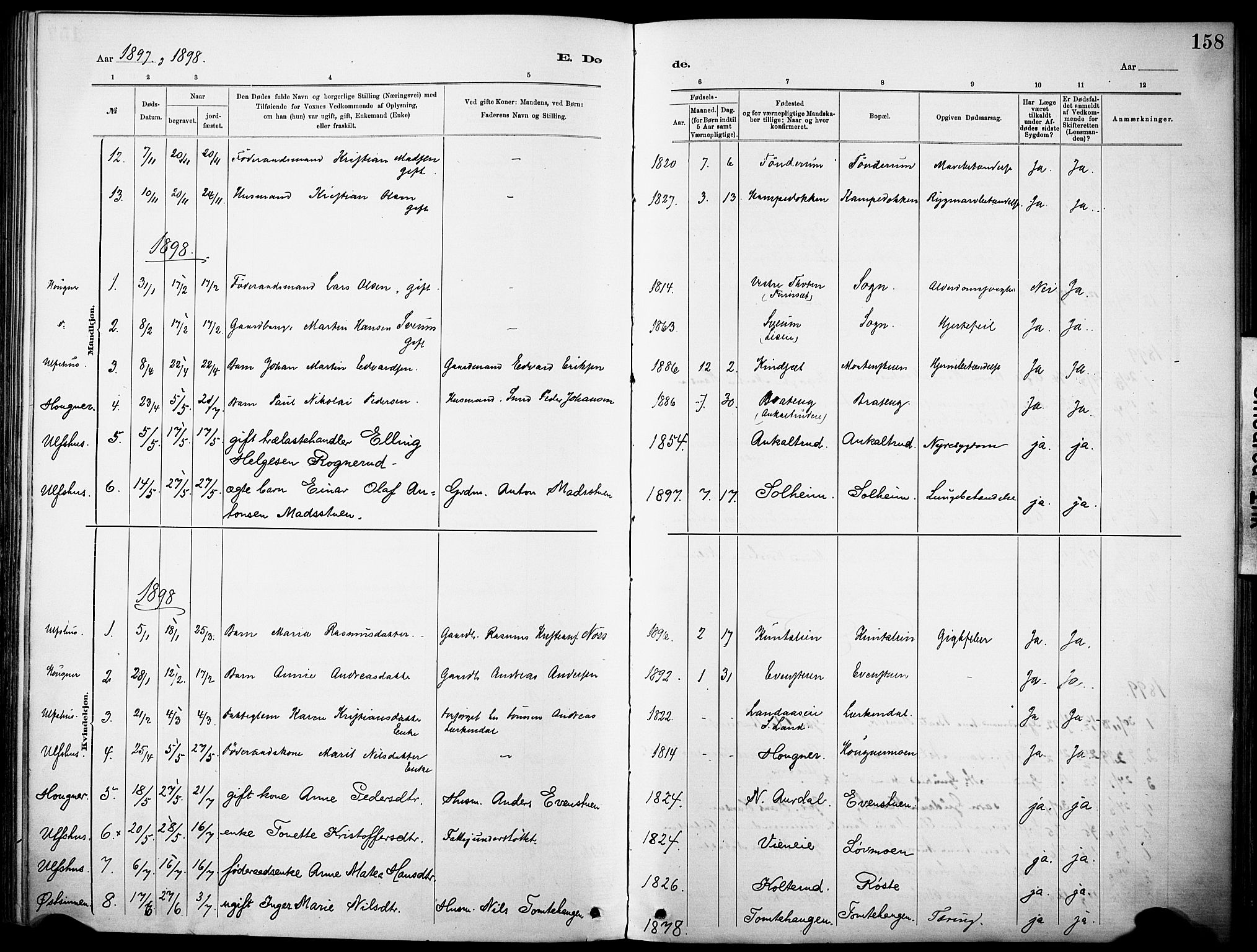 Nordre Land prestekontor, AV/SAH-PREST-124/H/Ha/Haa/L0005: Parish register (official) no. 5, 1882-1903, p. 158