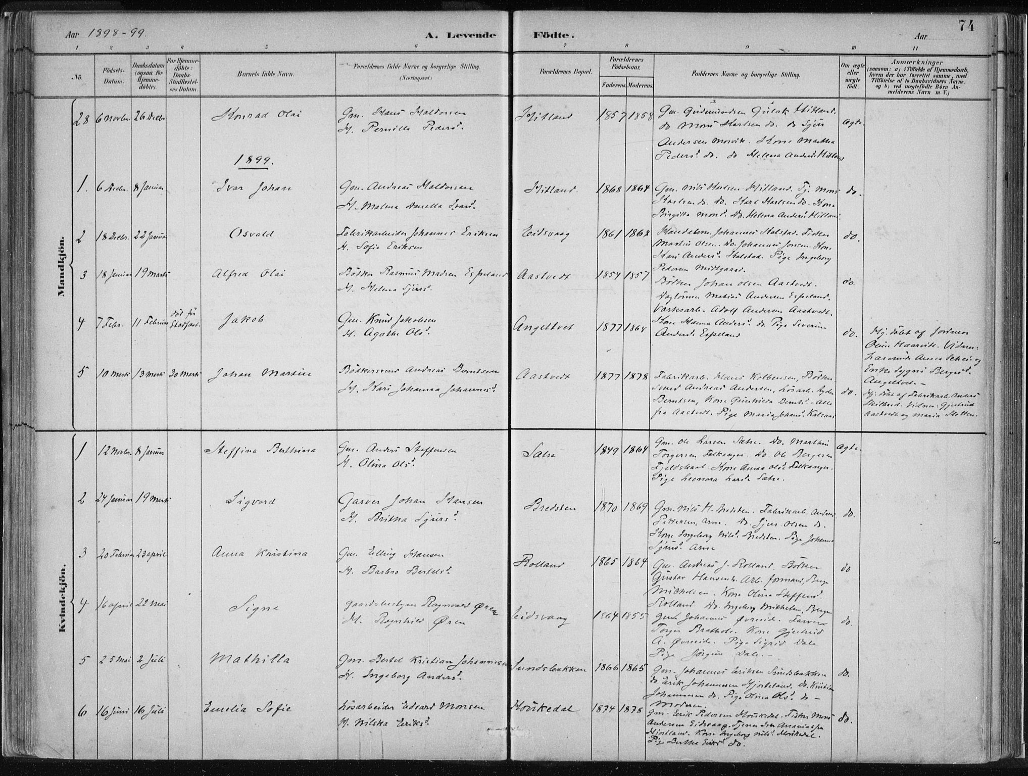 Hamre sokneprestembete, SAB/A-75501/H/Ha/Haa/Haad/L0001: Parish register (official) no. D  1, 1882-1906, p. 74