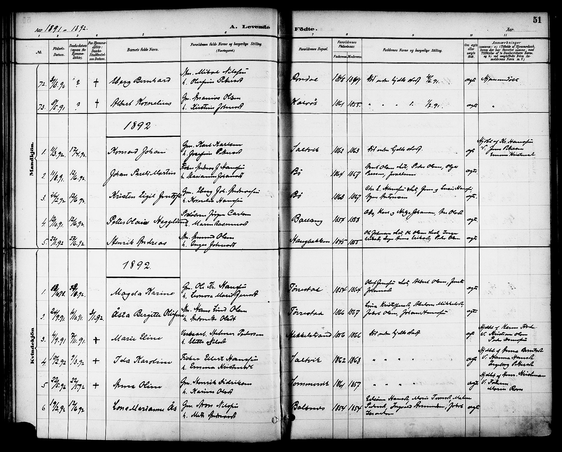 Ministerialprotokoller, klokkerbøker og fødselsregistre - Nordland, SAT/A-1459/863/L0898: Parish register (official) no. 863A10, 1886-1897, p. 51