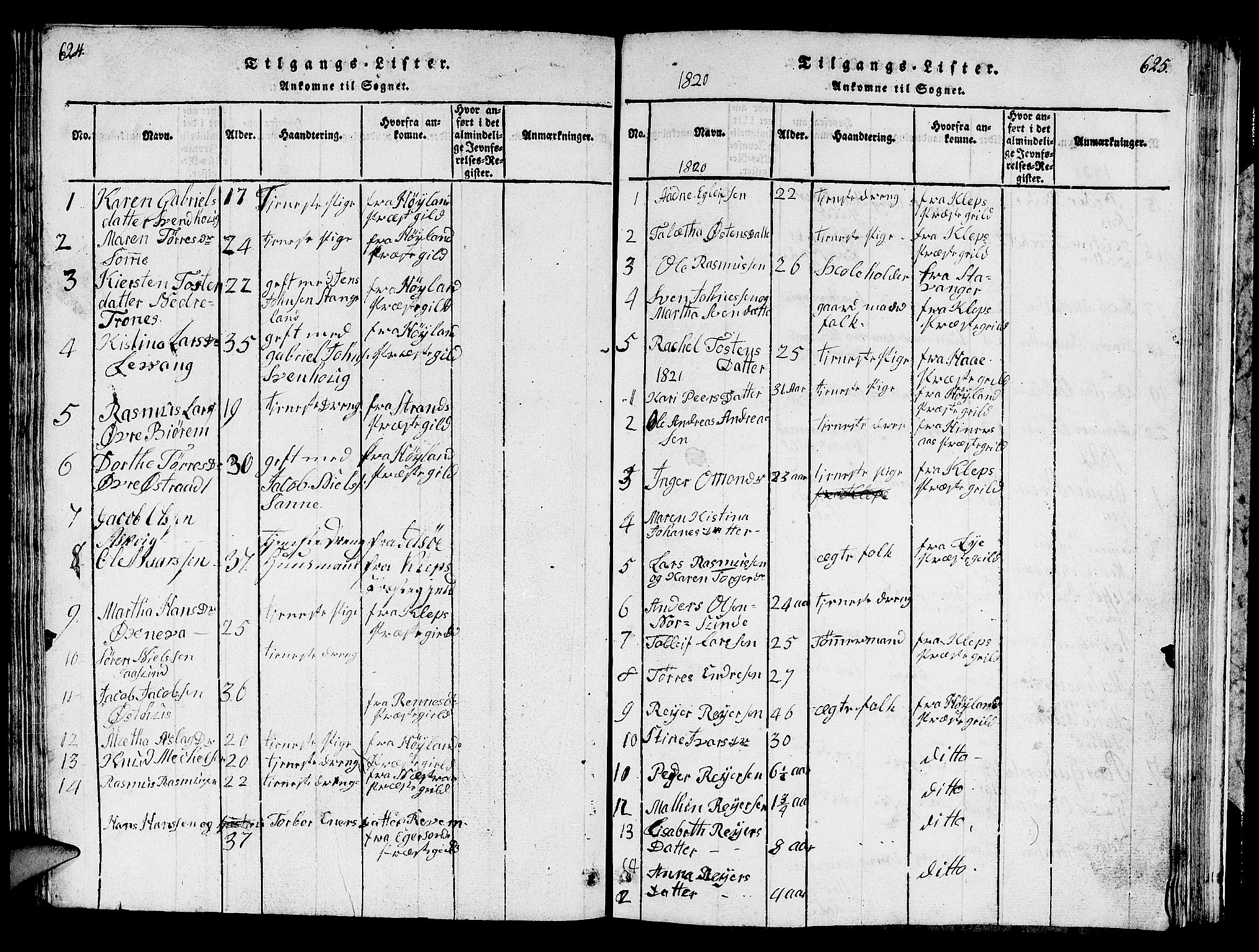 Håland sokneprestkontor, AV/SAST-A-101802/001/30BB/L0001: Parish register (copy) no. B 1, 1815-1845, p. 624-625