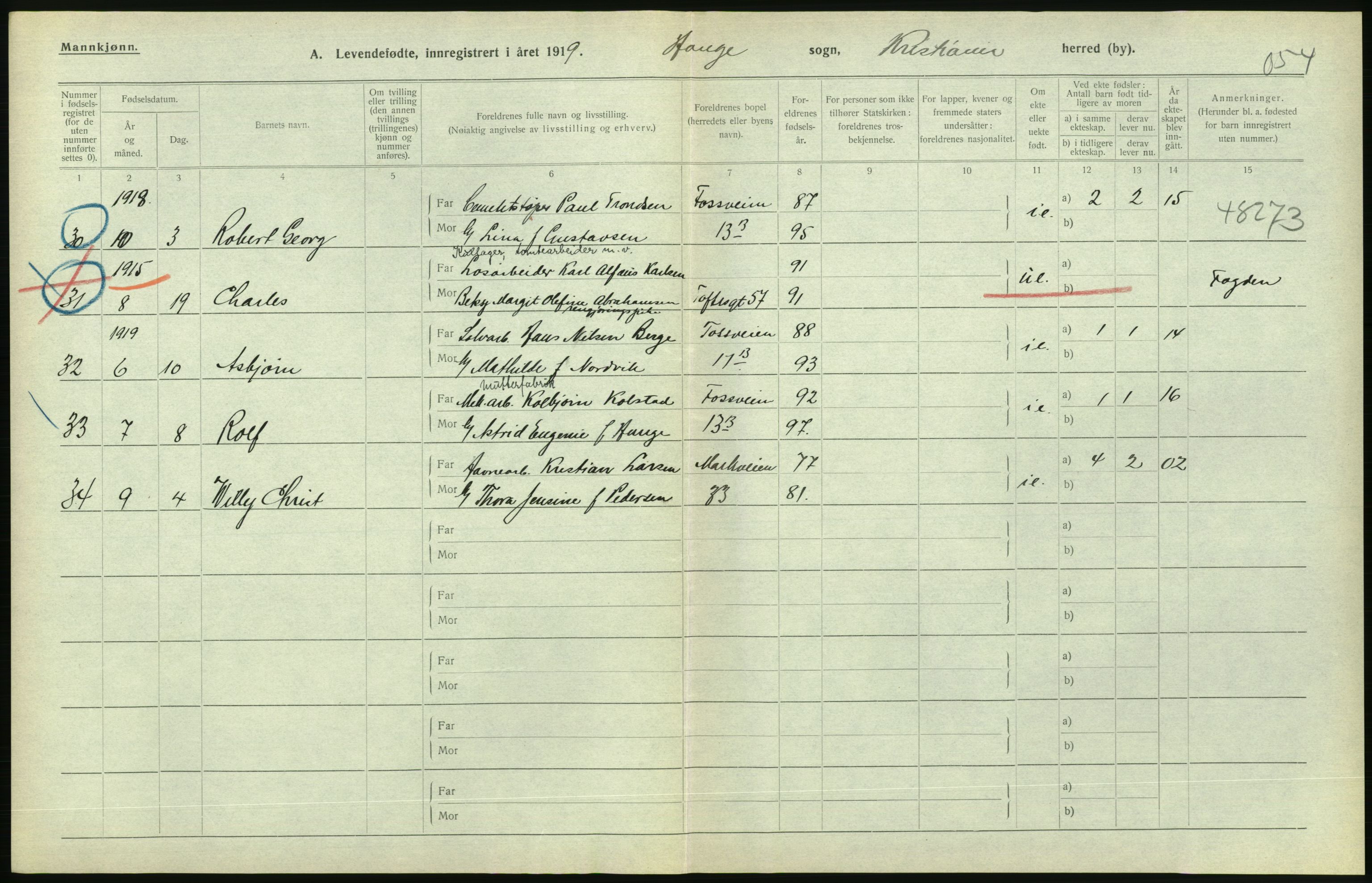 Statistisk sentralbyrå, Sosiodemografiske emner, Befolkning, AV/RA-S-2228/D/Df/Dfb/Dfbi/L0008: Kristiania: Levendefødte menn og kvinner., 1919