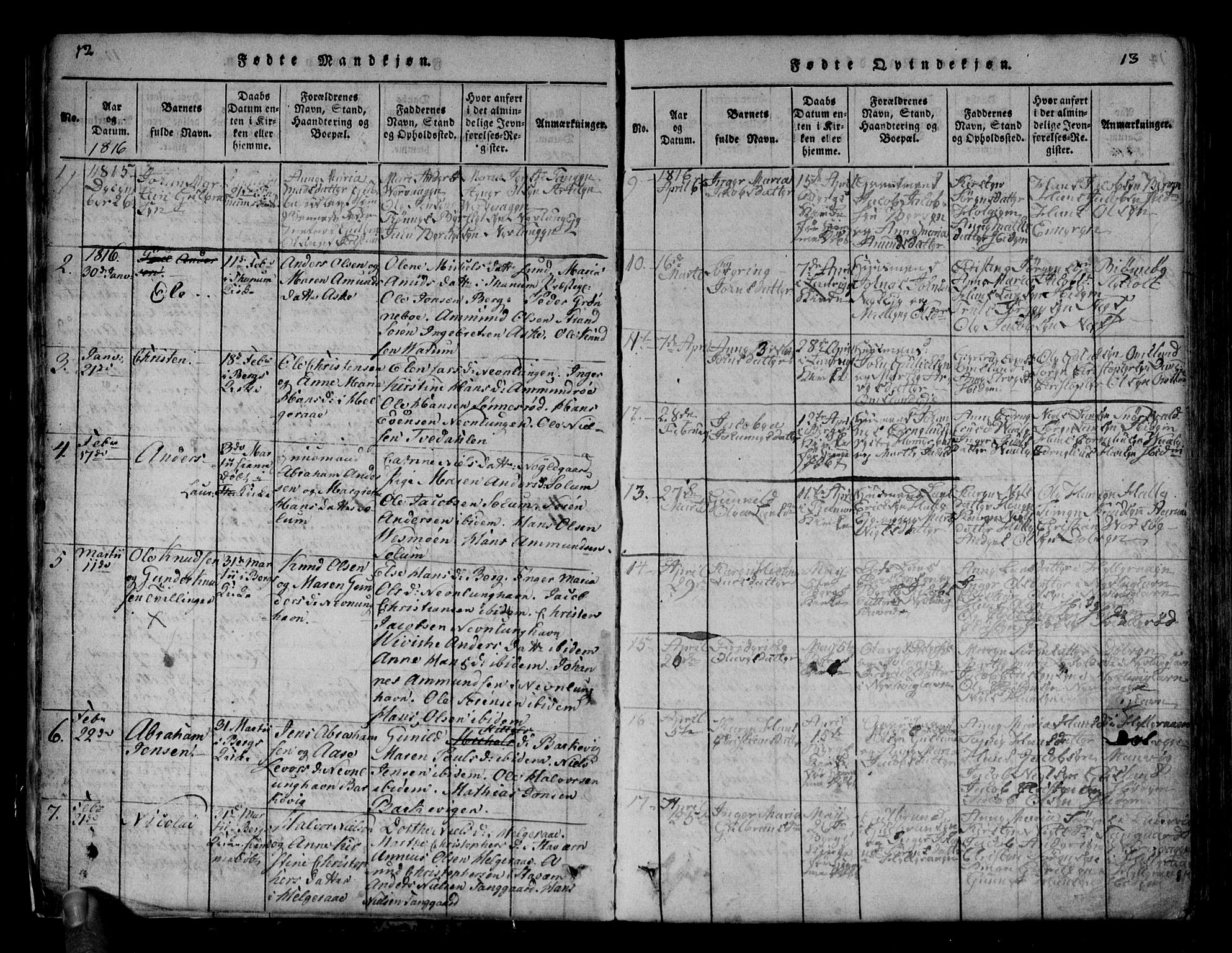 Brunlanes kirkebøker, SAKO/A-342/G/Ga/L0001: Parish register (copy) no. I 1, 1814-1834, p. 12-13