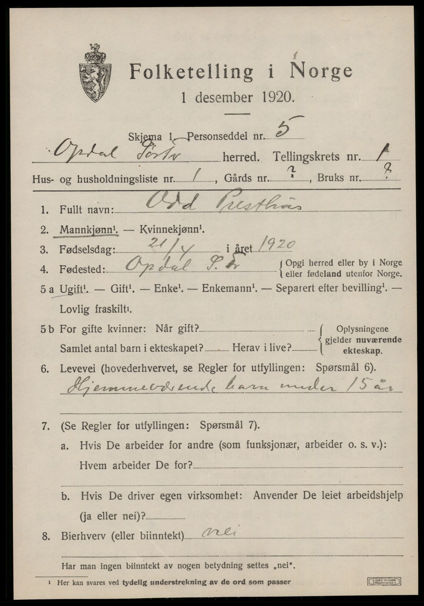 SAT, 1920 census for Oppdal, 1920, p. 1579