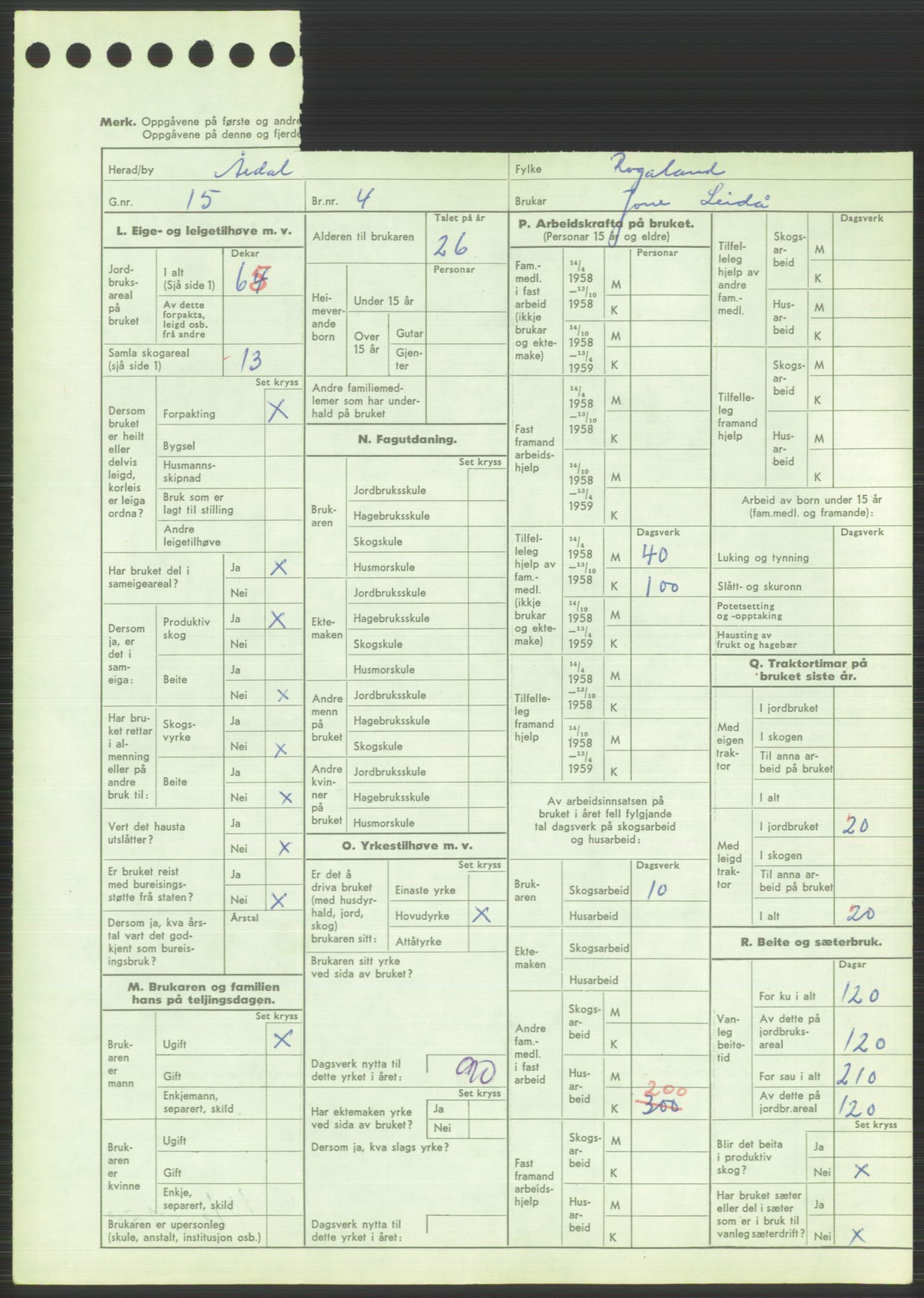 Statistisk sentralbyrå, Næringsøkonomiske emner, Jordbruk, skogbruk, jakt, fiske og fangst, AV/RA-S-2234/G/Gd/L0373: Rogaland: 1130 Strand (kl. 1-2), 1131 Årdal og 1132 Fister, 1959, p. 1265