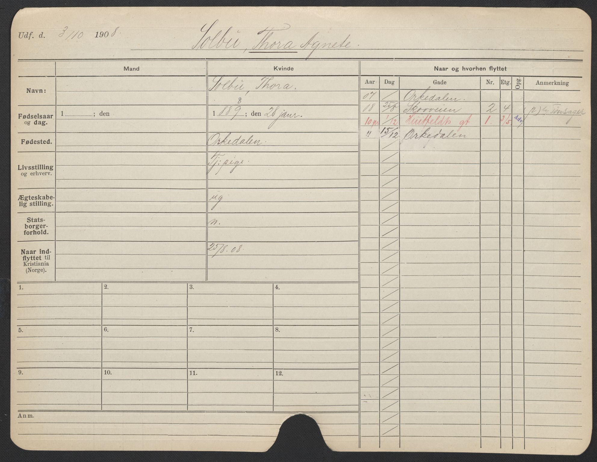 Oslo folkeregister, Registerkort, SAO/A-11715/F/Fa/Fac/L0024: Kvinner, 1906-1914, p. 101a