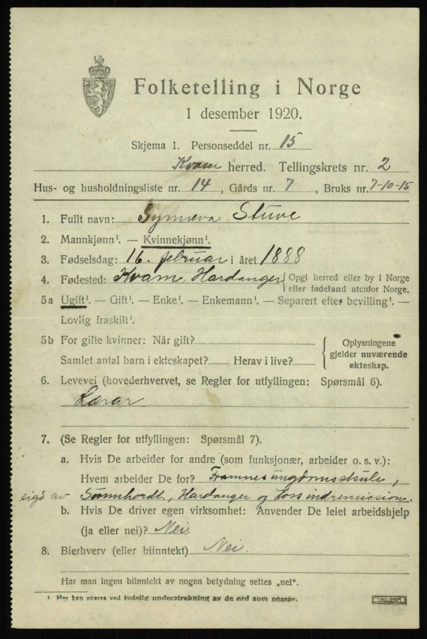 SAB, 1920 census for Kvam, 1920, p. 1999