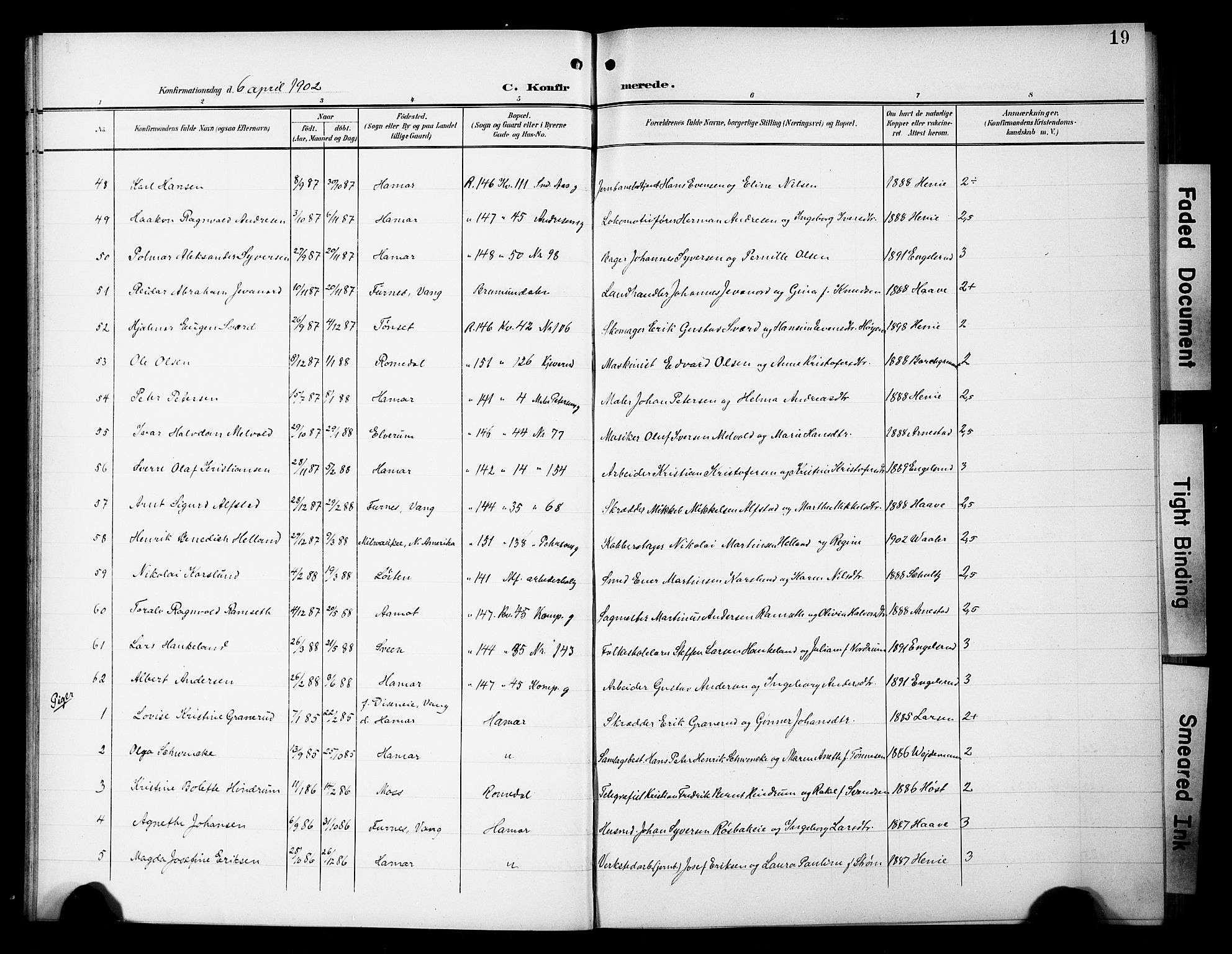 Hamar prestekontor, AV/SAH-DOMPH-002/H/Ha/Hab/L0002: Parish register (copy) no. 2, 1899-1929, p. 19