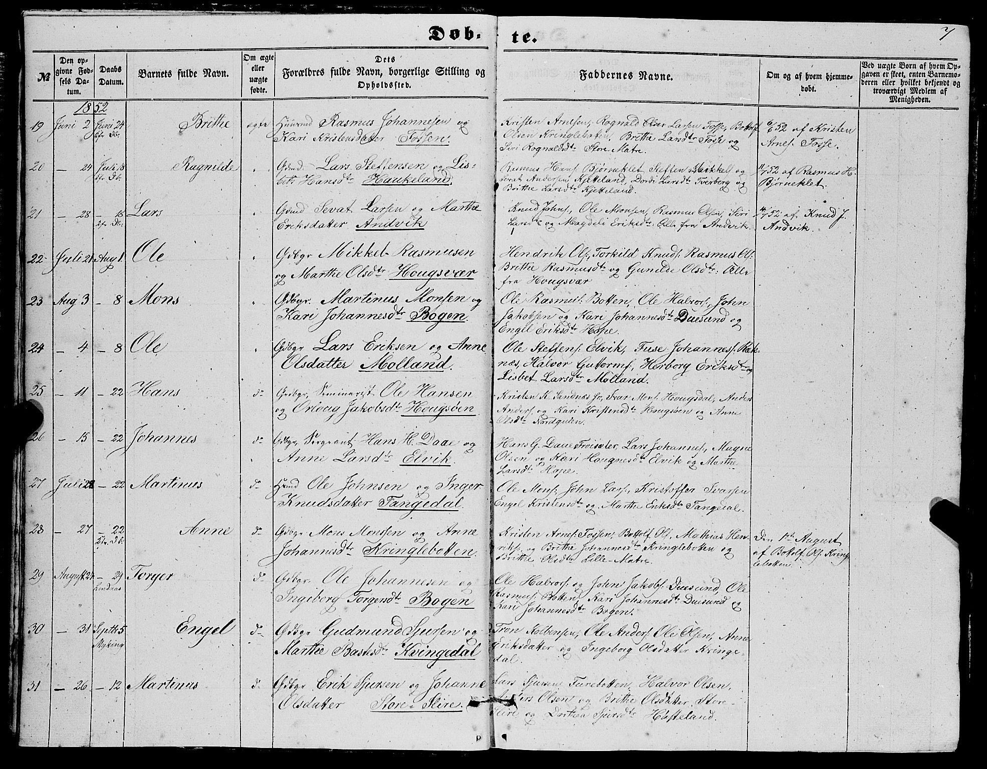 Masfjorden Sokneprestembete, SAB/A-77001: Parish register (copy) no. A 1, 1851-1875, p. 7