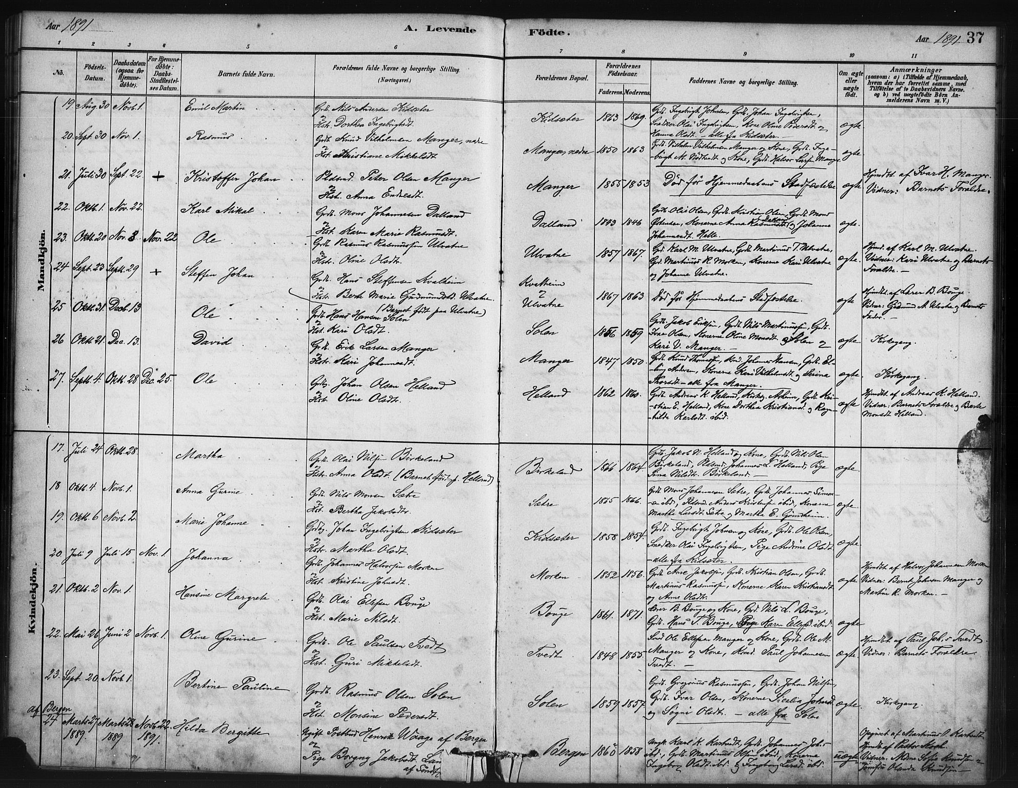 Manger sokneprestembete, SAB/A-76801/H/Haa: Parish register (official) no. B 1, 1881-1892, p. 37