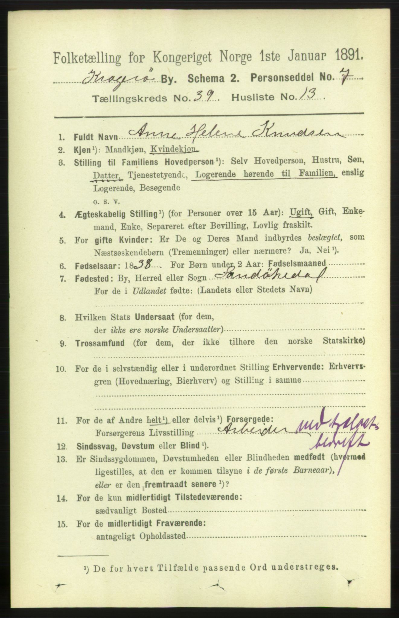 RA, 1891 census for 0801 Kragerø, 1891, p. 7393