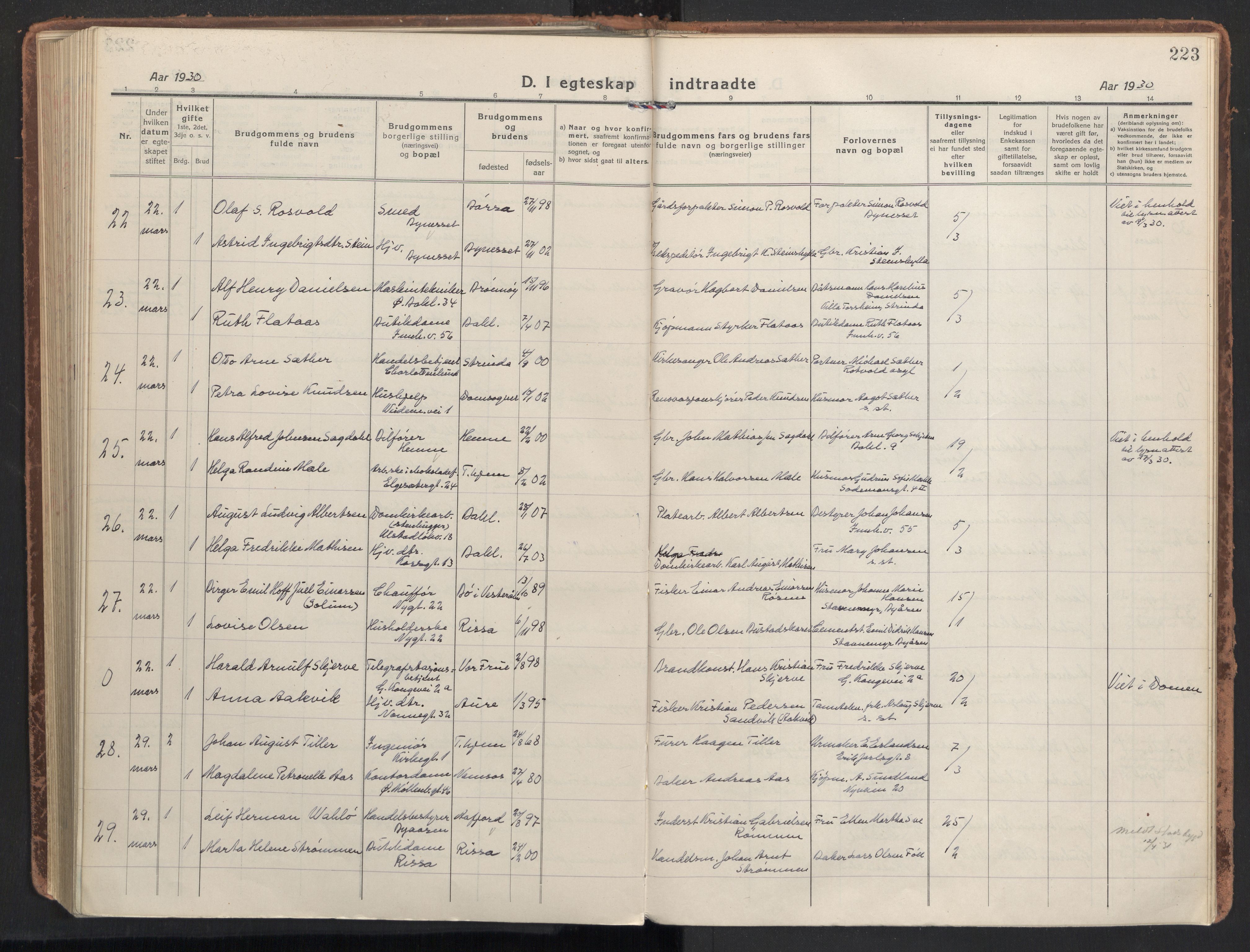 Ministerialprotokoller, klokkerbøker og fødselsregistre - Sør-Trøndelag, AV/SAT-A-1456/604/L0206: Parish register (official) no. 604A26, 1917-1931, p. 223