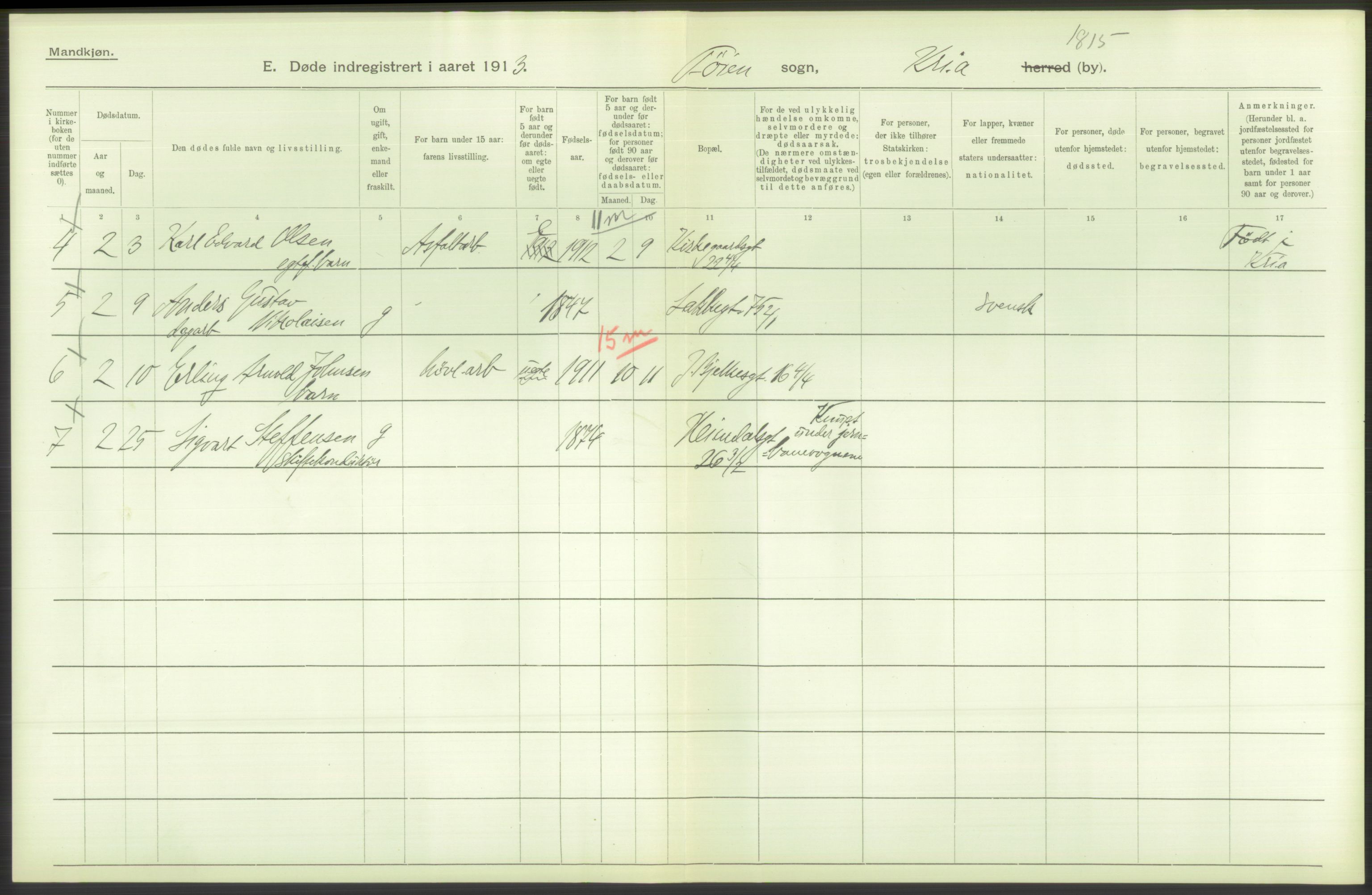 Statistisk sentralbyrå, Sosiodemografiske emner, Befolkning, AV/RA-S-2228/D/Df/Dfb/Dfbc/L0010: Kristiania: Døde, dødfødte., 1913, p. 390