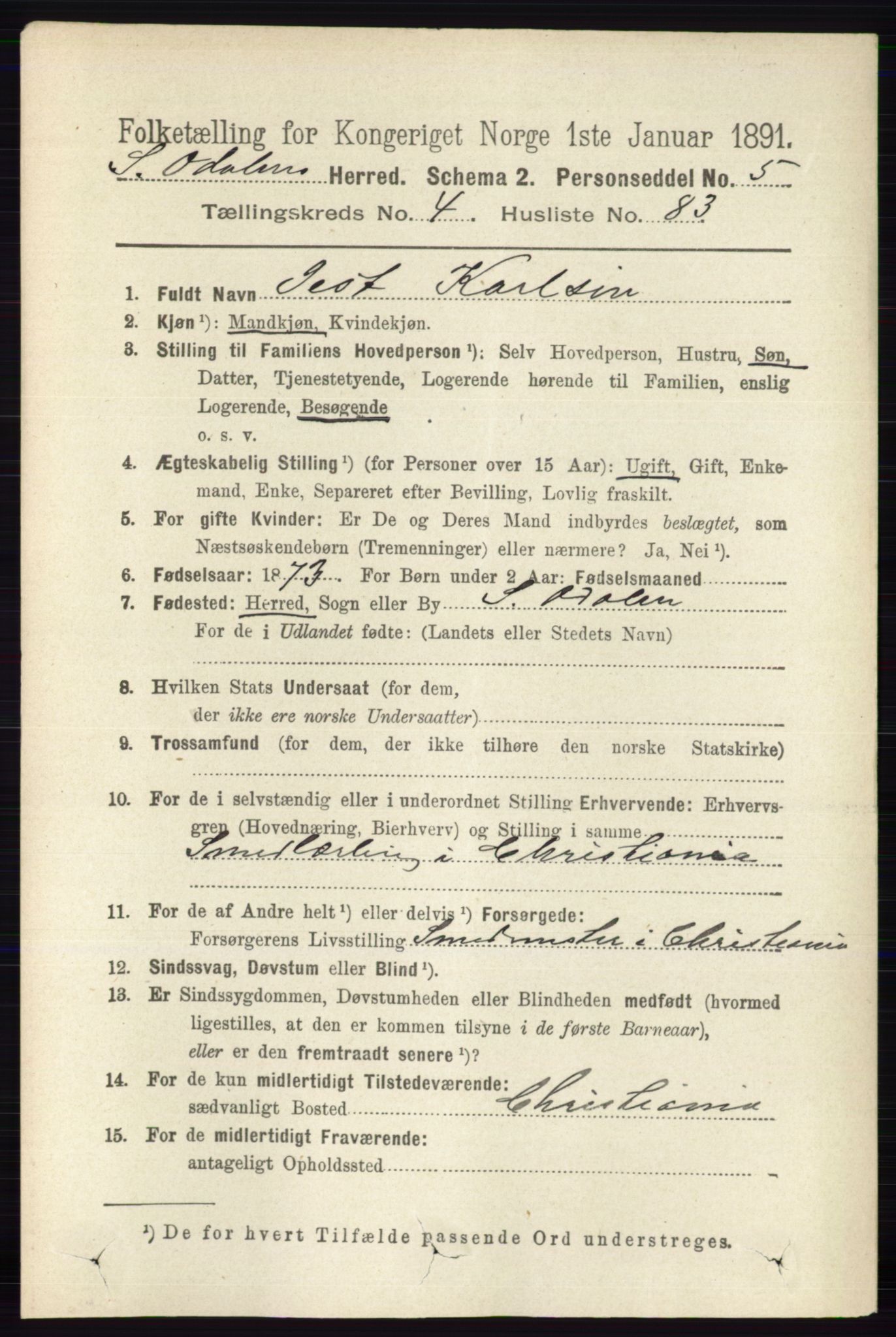 RA, 1891 census for 0419 Sør-Odal, 1891, p. 2262