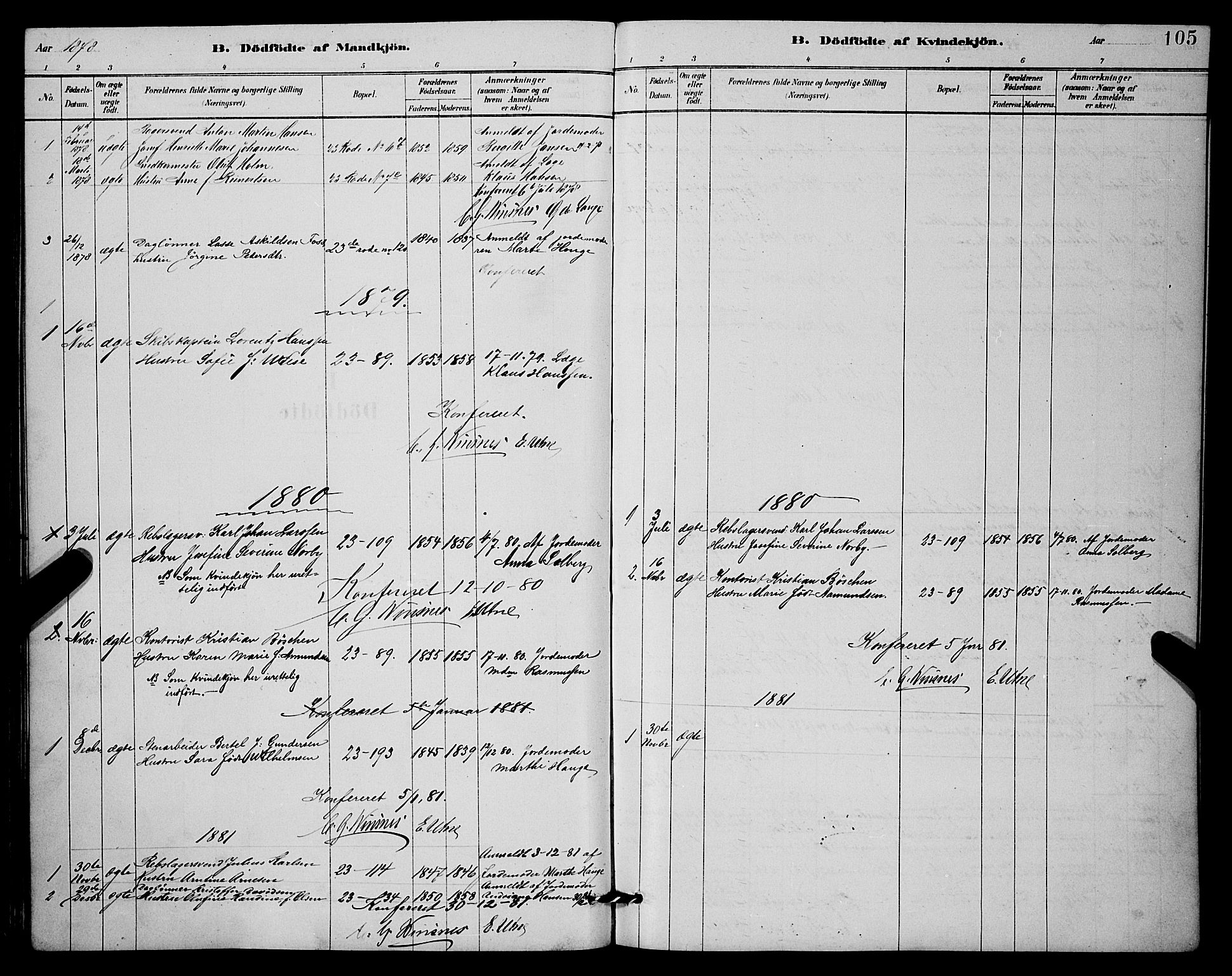 Mariakirken Sokneprestembete, SAB/A-76901/H/Hab/L0004: Parish register (copy) no. A 4, 1878-1892, p. 105