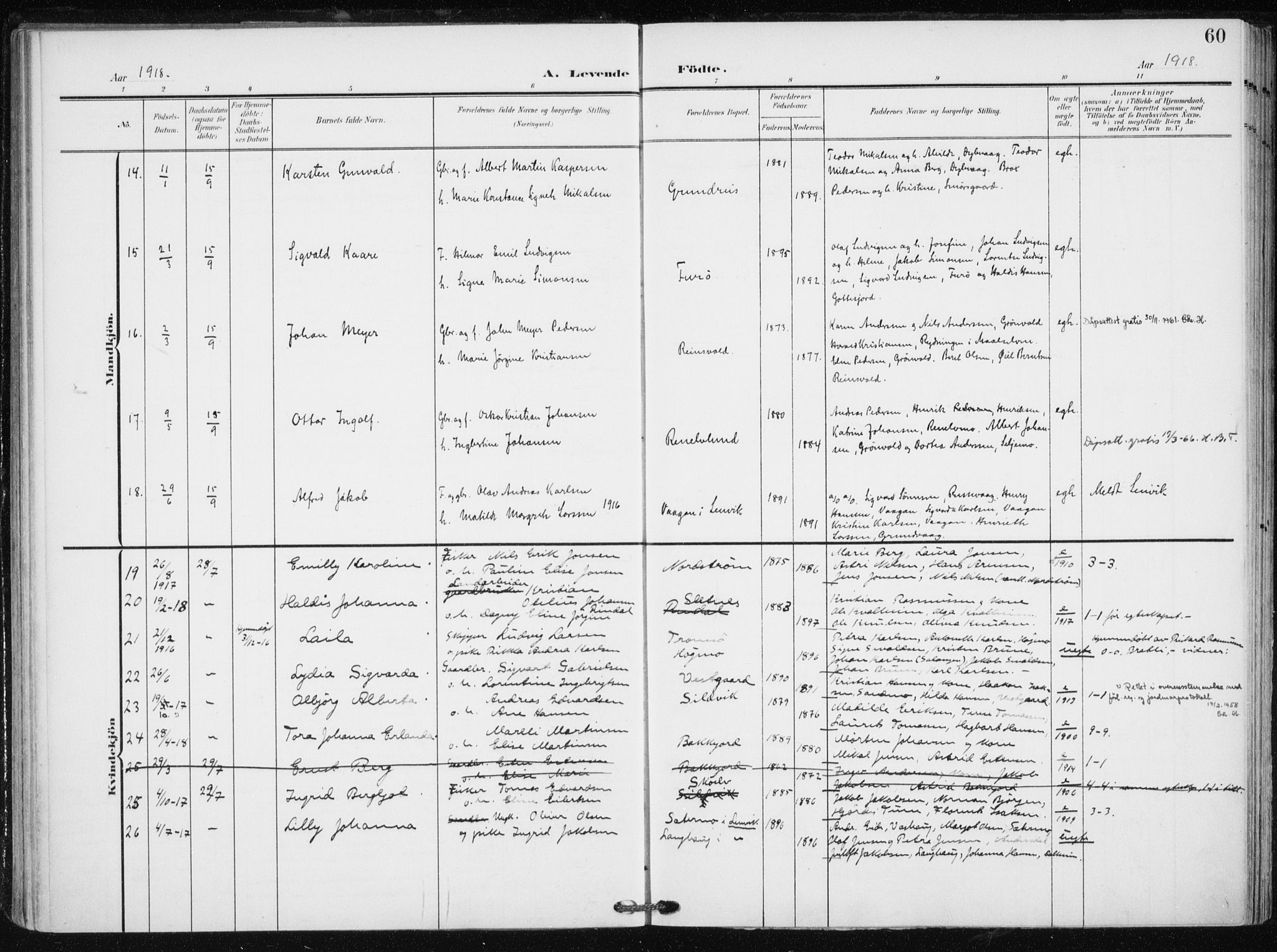 Tranøy sokneprestkontor, AV/SATØ-S-1313/I/Ia/Iaa/L0012kirke: Parish register (official) no. 12, 1905-1918, p. 60