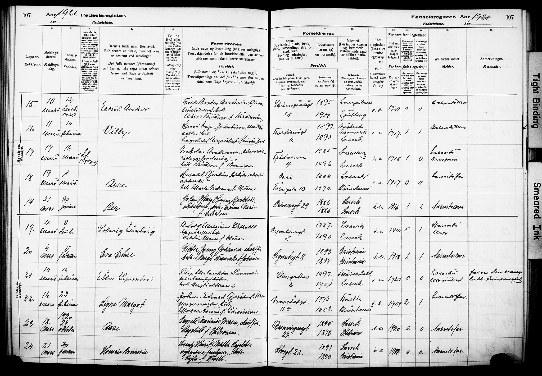 Larvik kirkebøker, AV/SAKO-A-352/J/Ja/L0001: Birth register no. I 1, 1916-1926, p. 107