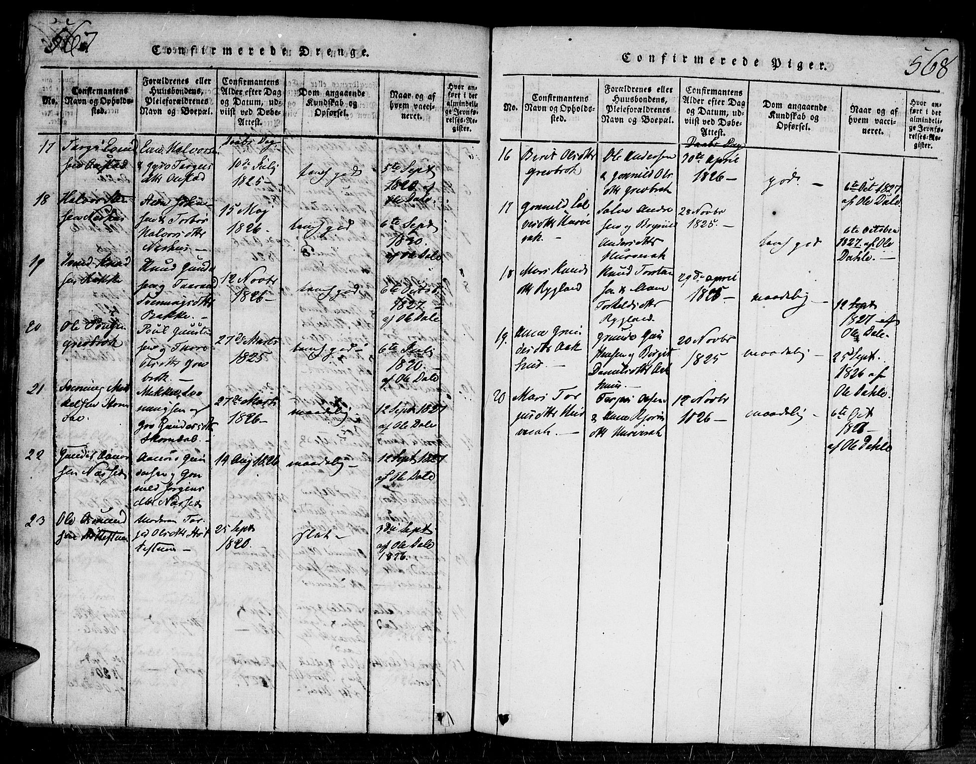 Bygland sokneprestkontor, AV/SAK-1111-0006/F/Fa/Fab/L0003: Parish register (official) no. A 3, 1816-1841, p. 567-568