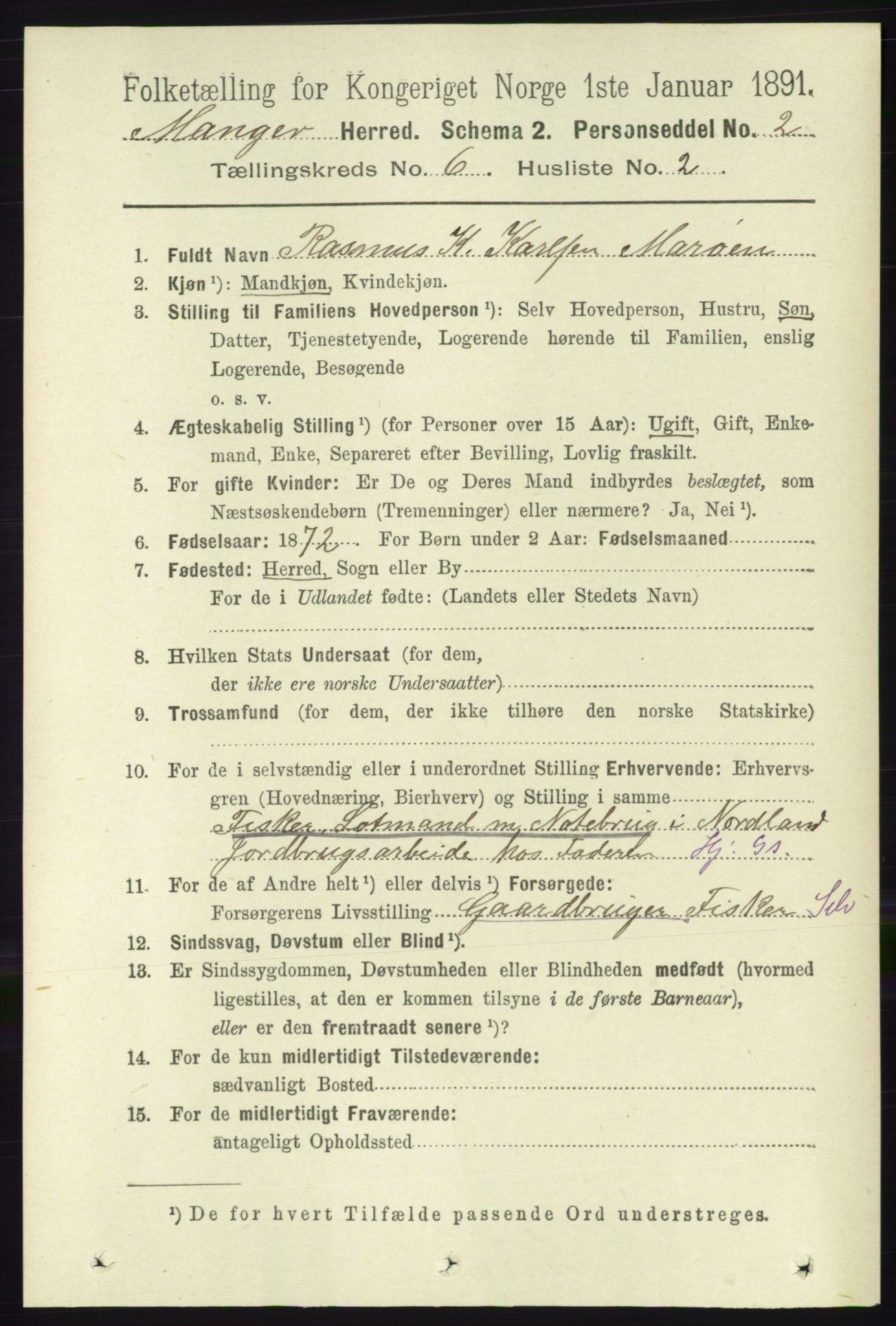 RA, 1891 census for 1261 Manger, 1891, p. 3416