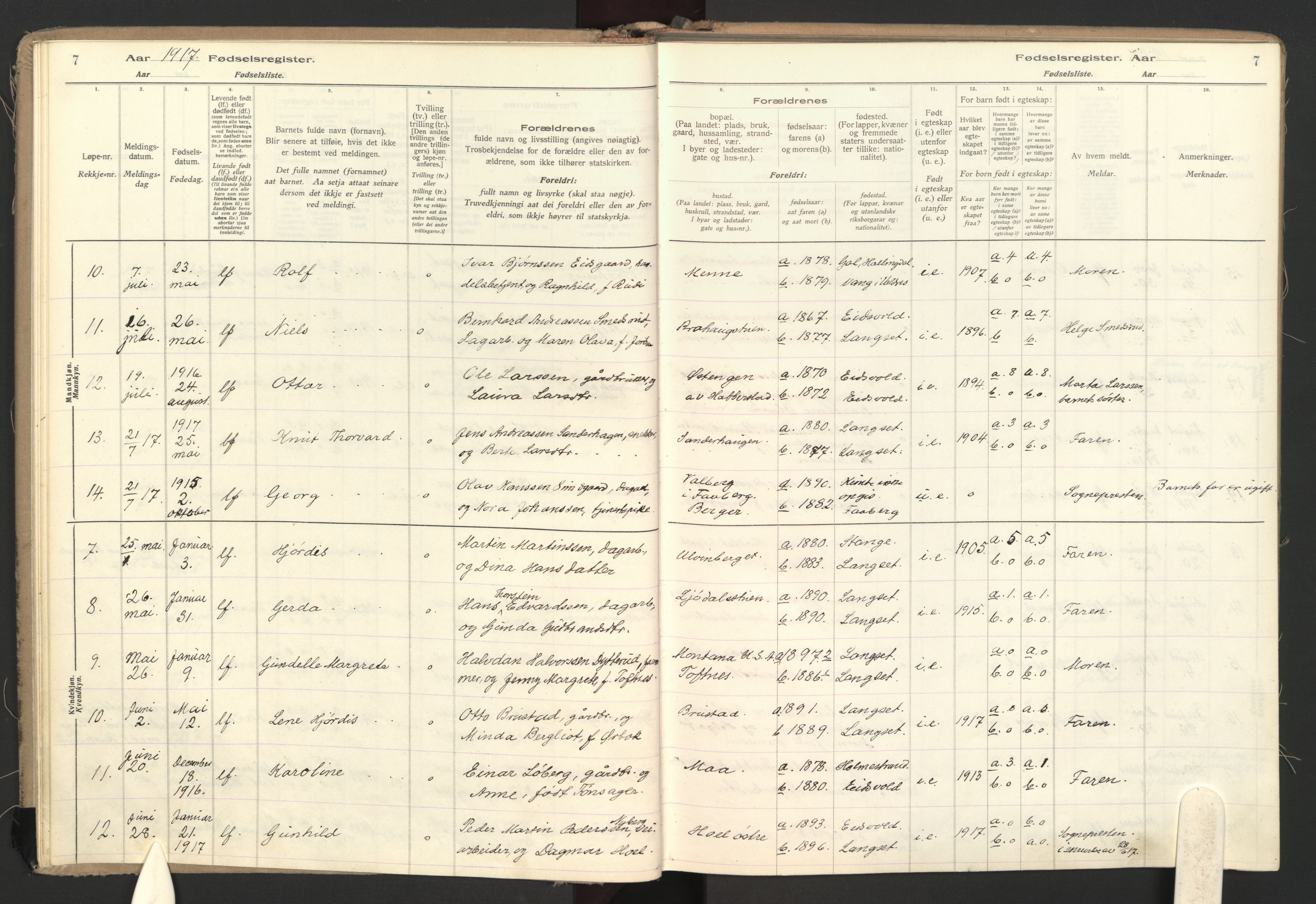 Eidsvoll prestekontor Kirkebøker, AV/SAO-A-10888/J/Jb/L0001: Birth register no. II 1, 1916-1959, p. 7