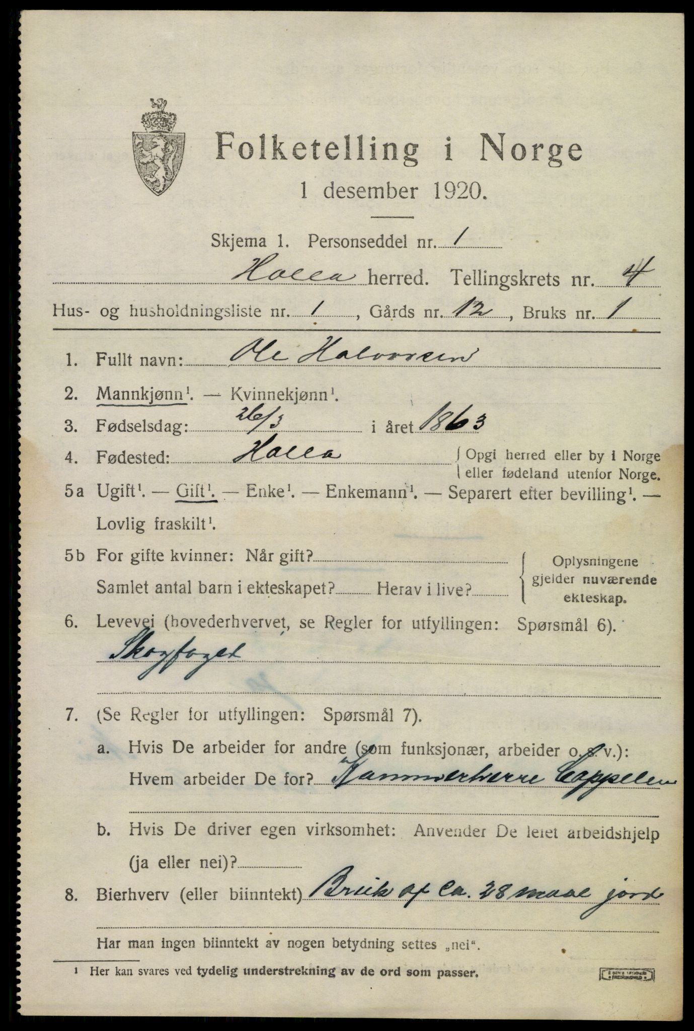 SAKO, 1920 census for Holla, 1920, p. 3609