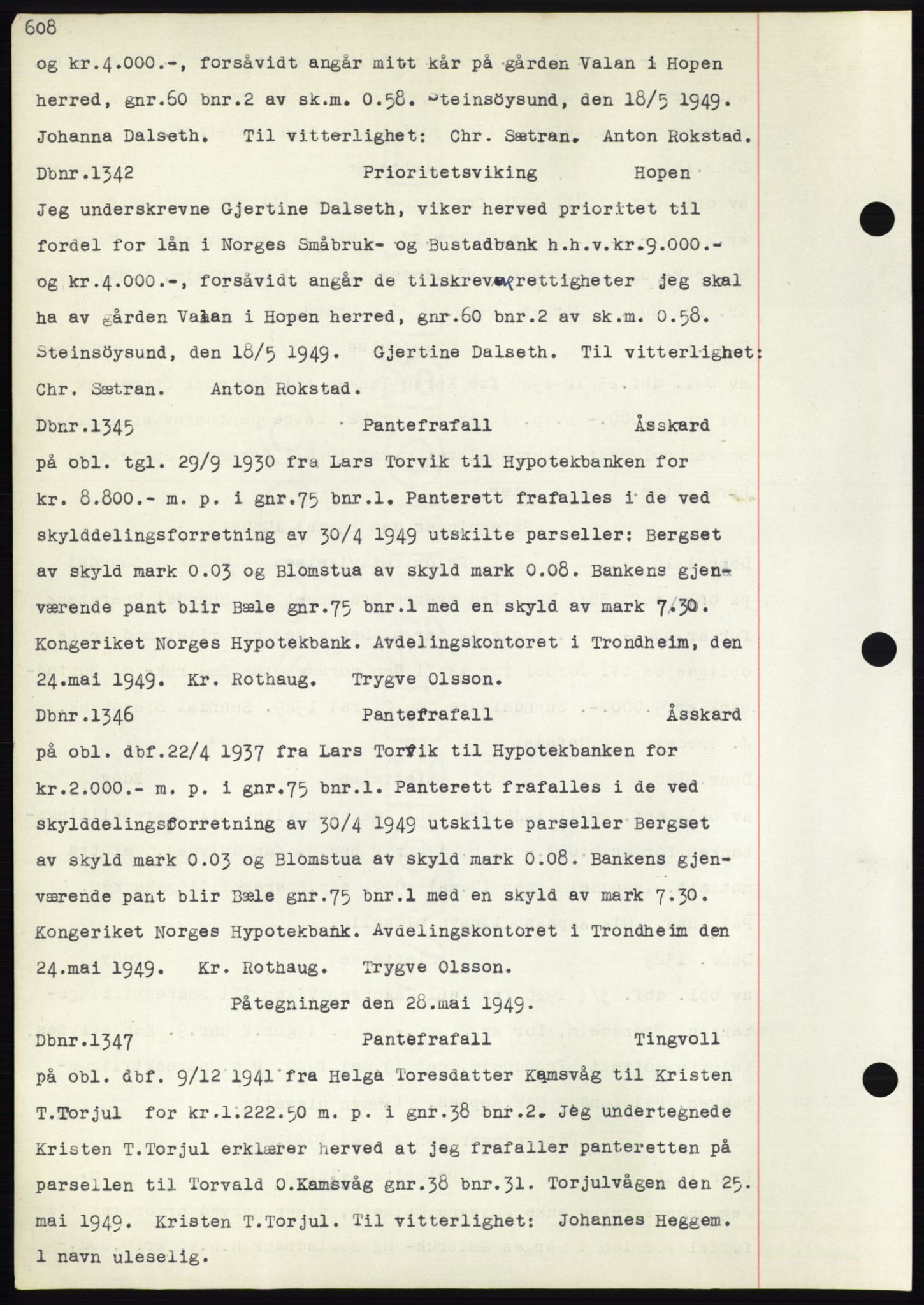 Nordmøre sorenskriveri, SAT/A-4132/1/2/2Ca: Mortgage book no. C82b, 1946-1951, Diary no: : 1342/1949