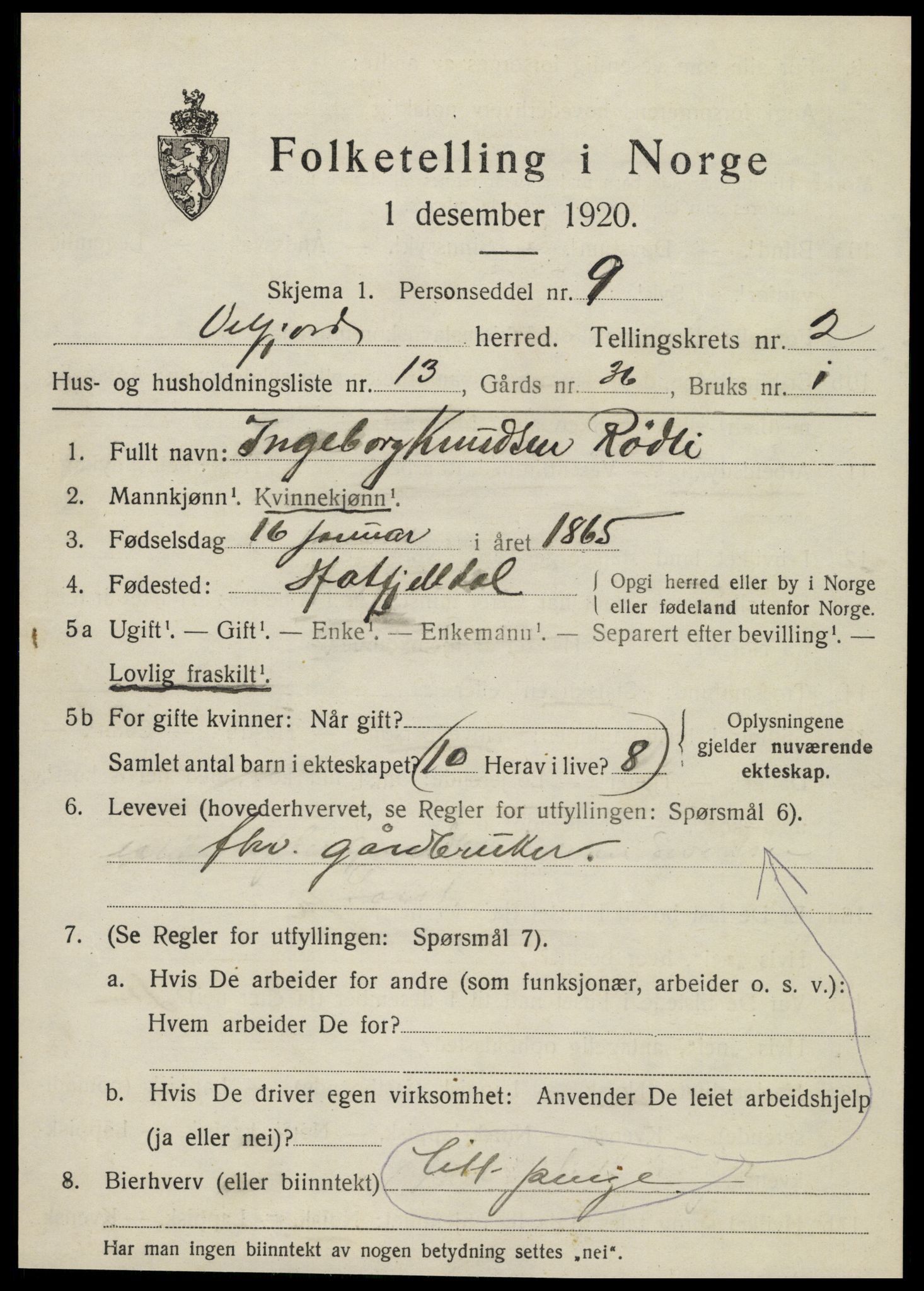 SAT, 1920 census for Velfjord, 1920, p. 1353