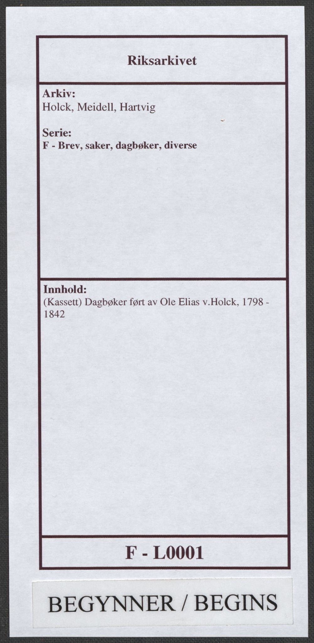 Holck, Meidell, Hartvig, RA/PA-0204/F/L0001: (Kassett) Dagbøker ført av Ole Elias v.Holck, 1798-1842, p. 1