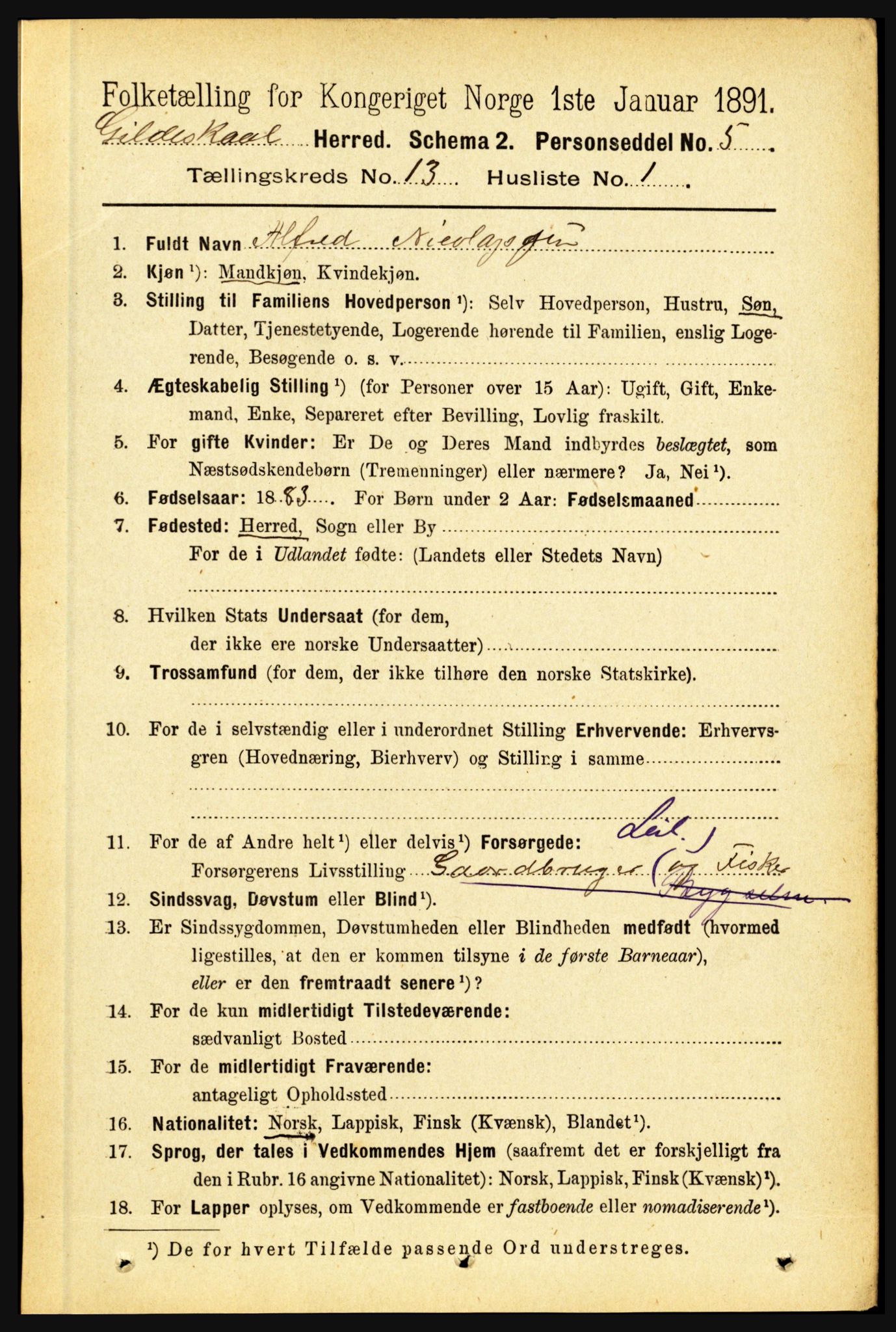 RA, 1891 census for 1838 Gildeskål, 1891, p. 4090