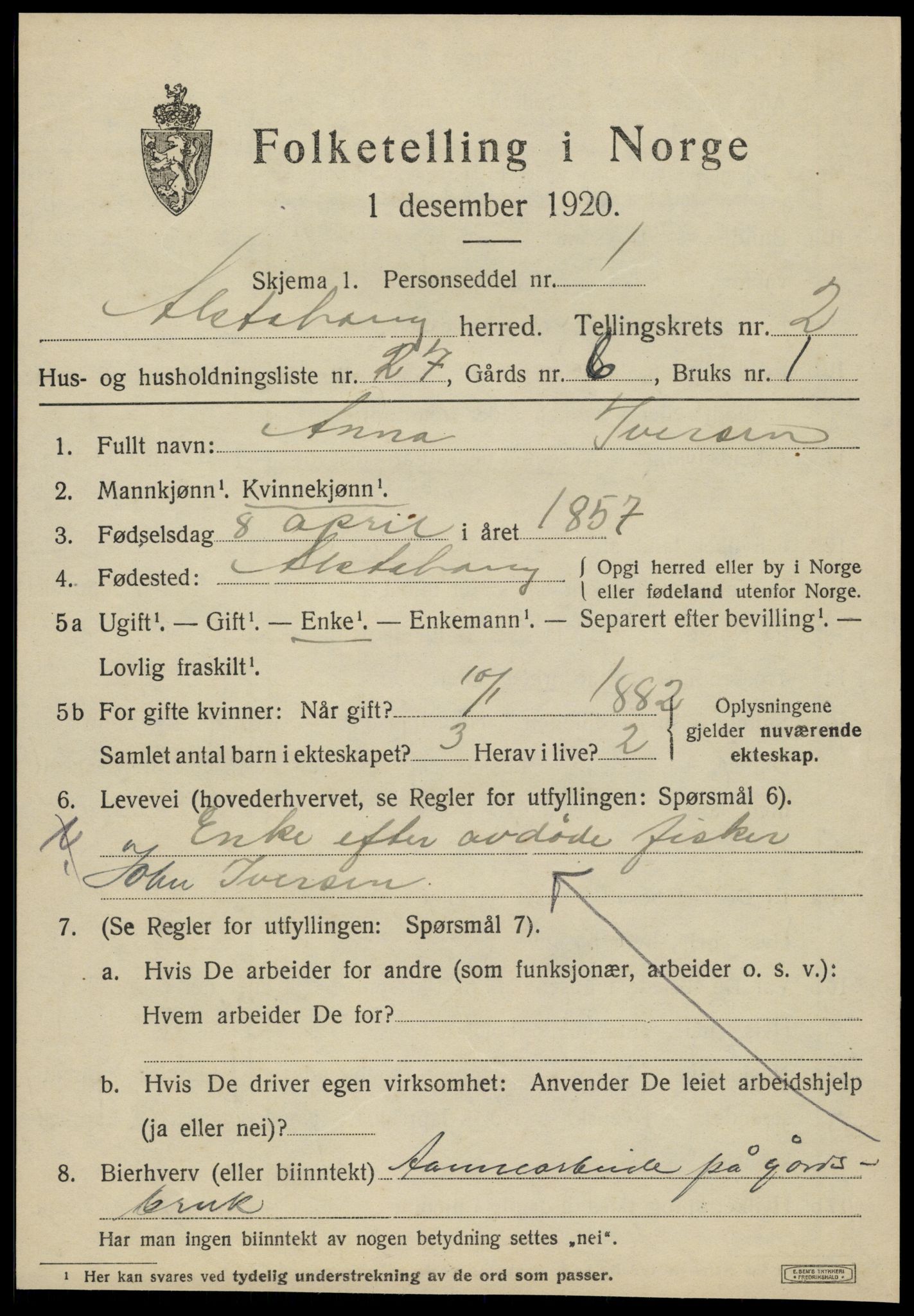 SAT, 1920 census for Alstahaug, 1920, p. 1237