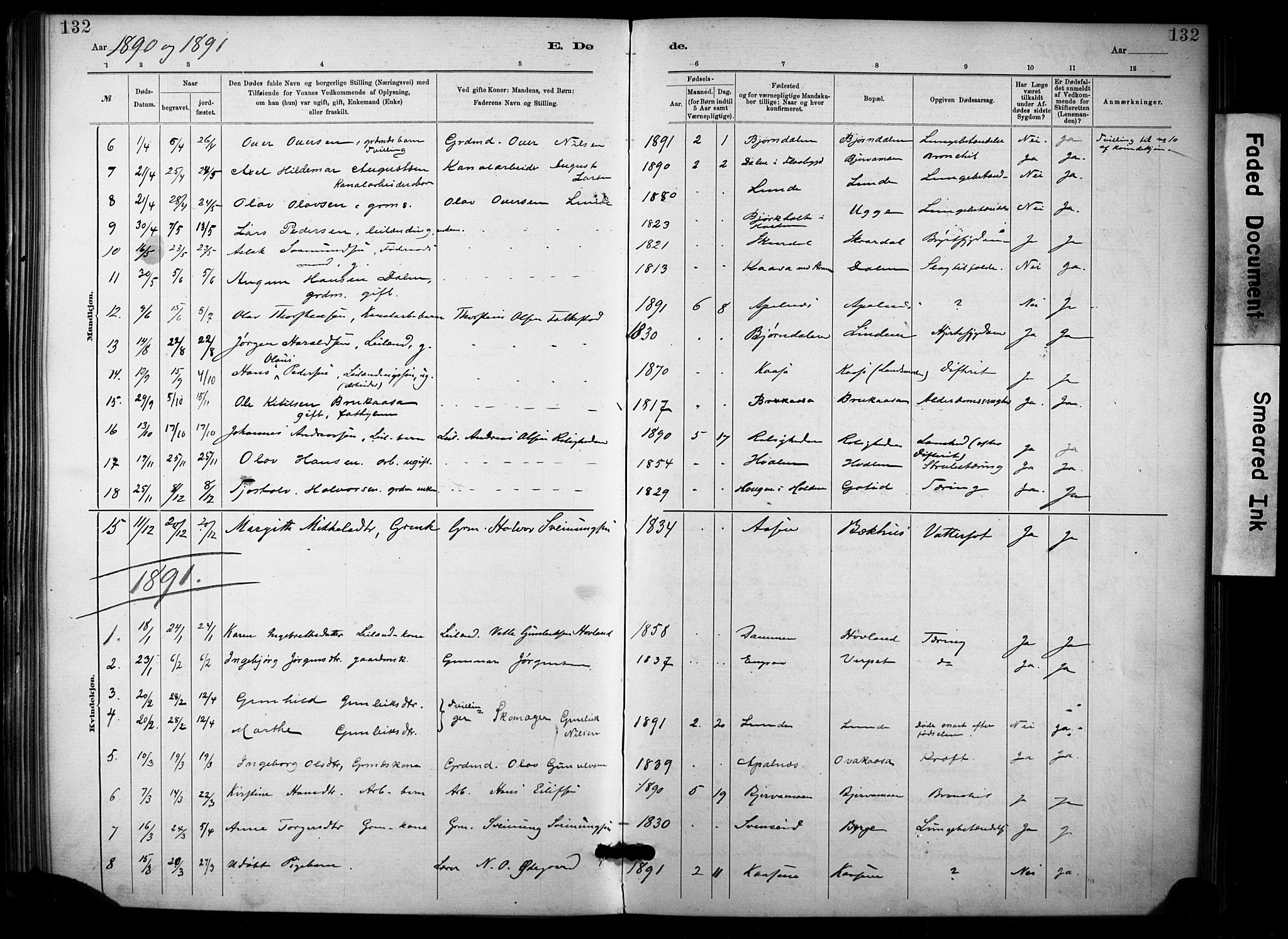 Lunde kirkebøker, SAKO/A-282/F/Fa/L0002: Parish register (official) no. I 2, 1884-1892, p. 132