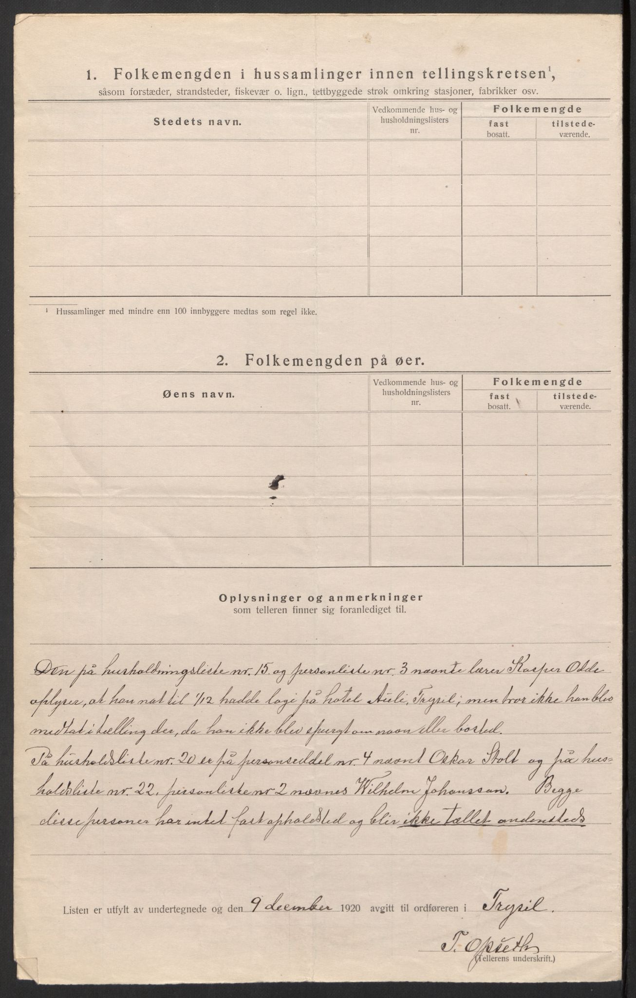 SAH, 1920 census for Trysil, 1920, p. 20