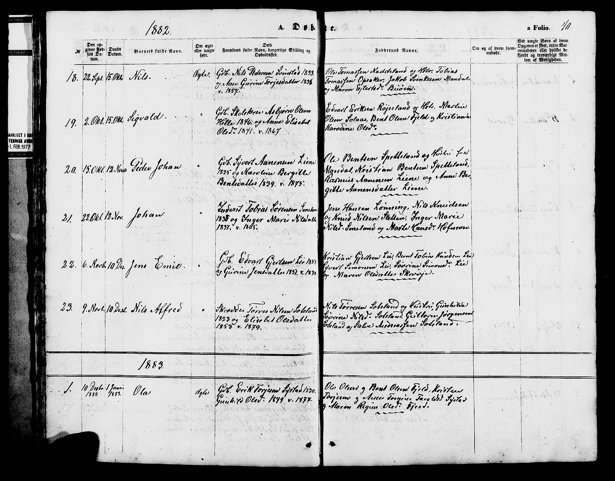 Holum sokneprestkontor, SAK/1111-0022/F/Fb/Fba/L0004: Parish register (copy) no. B 4, 1867-1890, p. 40