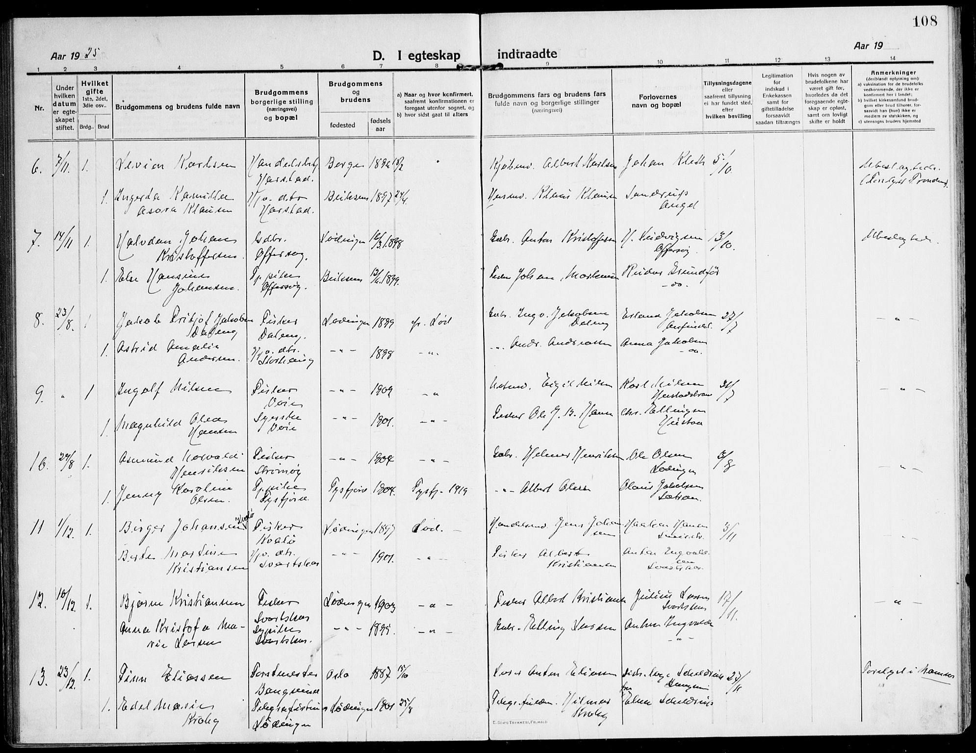 Ministerialprotokoller, klokkerbøker og fødselsregistre - Nordland, AV/SAT-A-1459/872/L1037: Parish register (official) no. 872A12, 1914-1925, p. 108