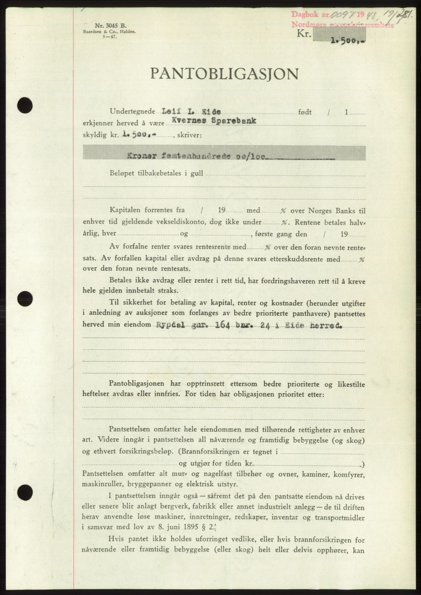 Nordmøre sorenskriveri, AV/SAT-A-4132/1/2/2Ca: Mortgage book no. B99, 1948-1948, Diary no: : 2097/1948