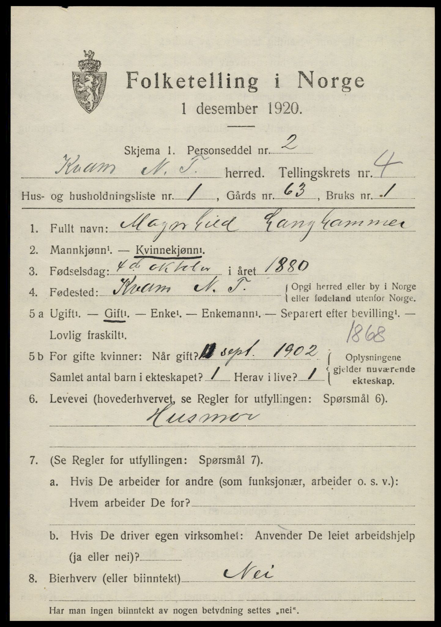 SAT, 1920 census for Kvam, 1920, p. 1091