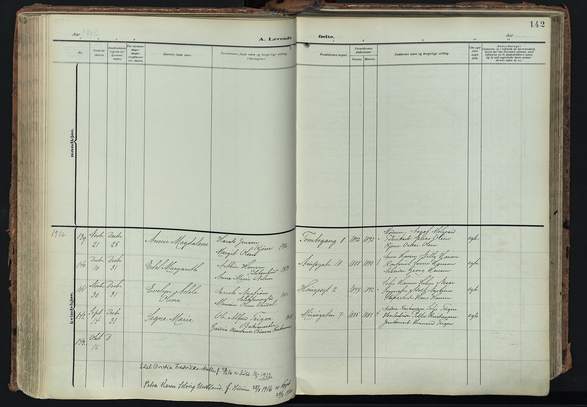 Bragernes kirkebøker, SAKO/A-6/F/Fb/L0010: Parish register (official) no. II 10, 1911-1922, p. 142
