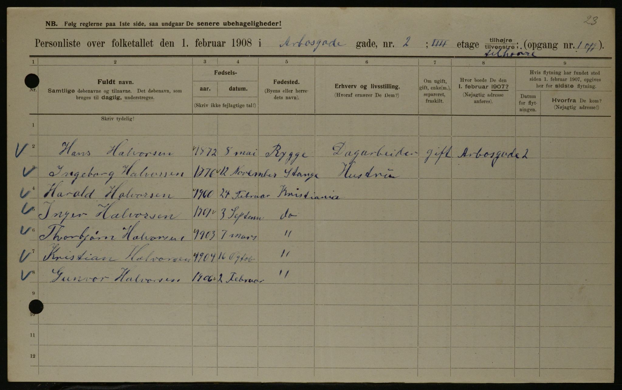 OBA, Municipal Census 1908 for Kristiania, 1908, p. 2016