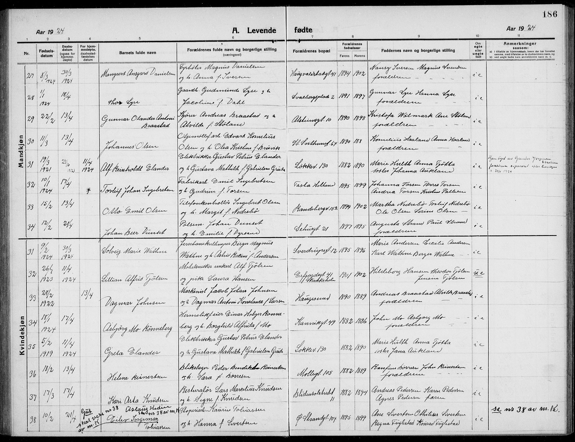 Domkirken sokneprestkontor, AV/SAST-A-101812/001/30/30BB/L0019: Parish register (copy) no. B 19, 1915-1932, p. 186